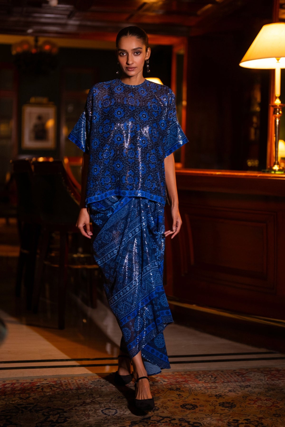 Blue Sequin Boxy Top & Drape Skirt