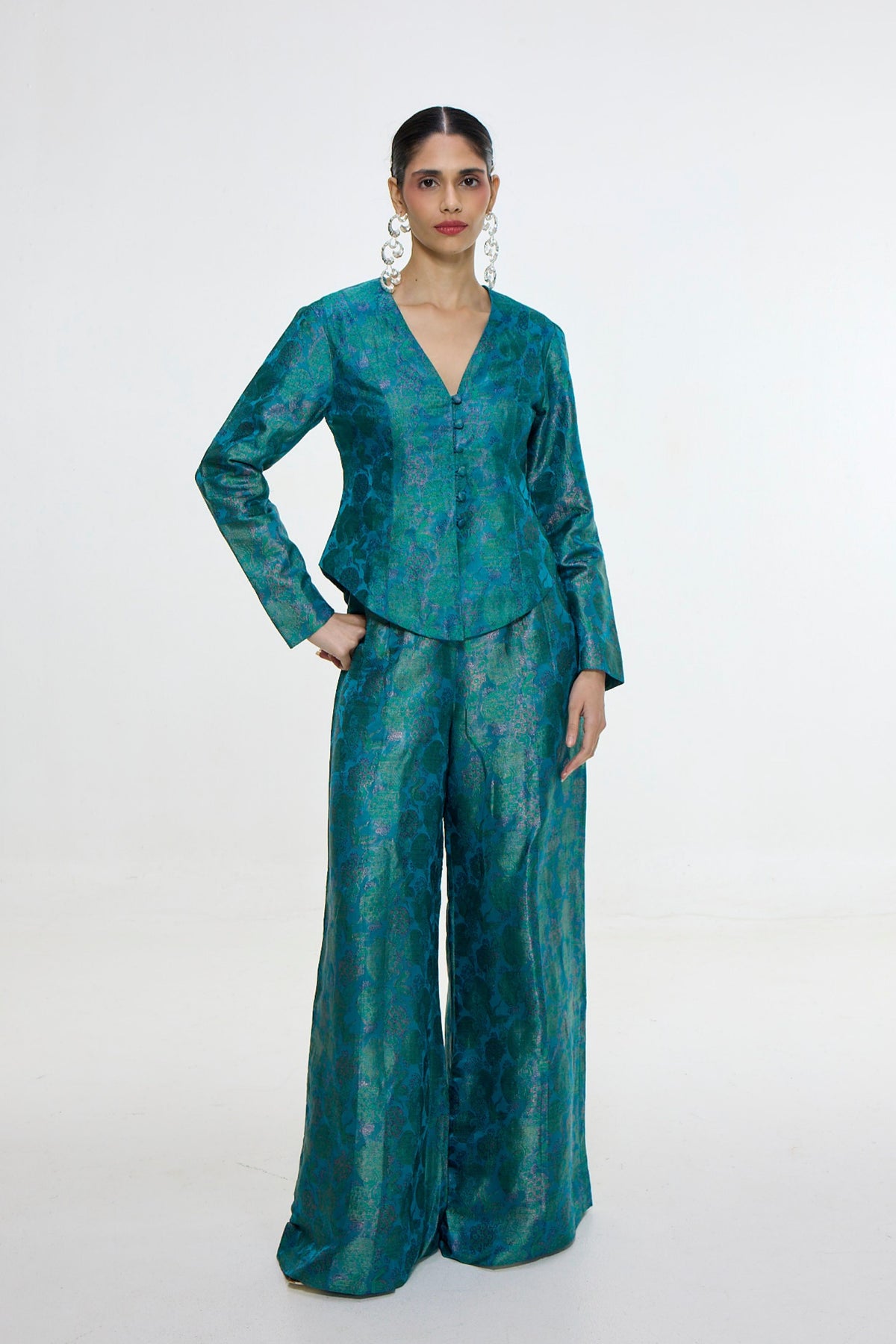 Handwoven Coral Blue Jacket Set