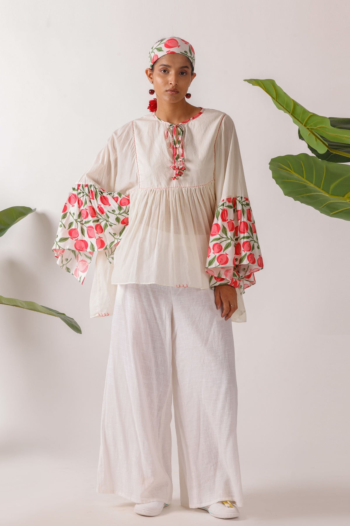 Pomegranate Printed Flared Sleeves Top
