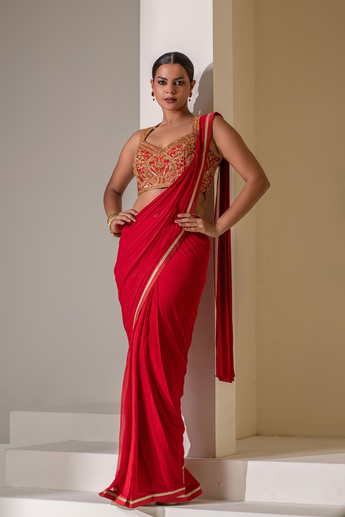 Crimsom Red Pre Draped Saree Set