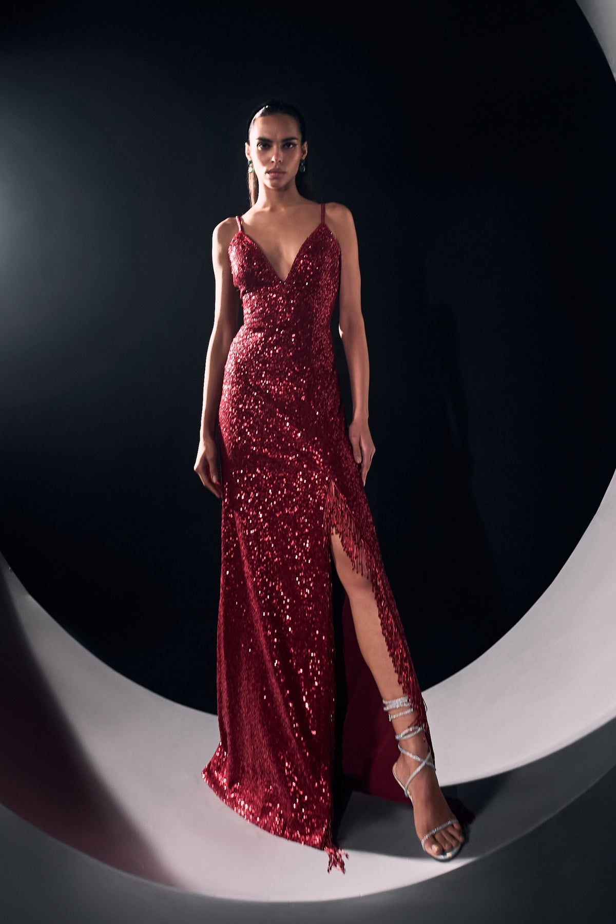 Red Sequins Slit Gown
