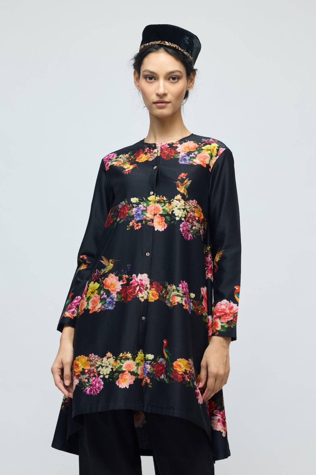 Black Floral Chanderi Tunic Set