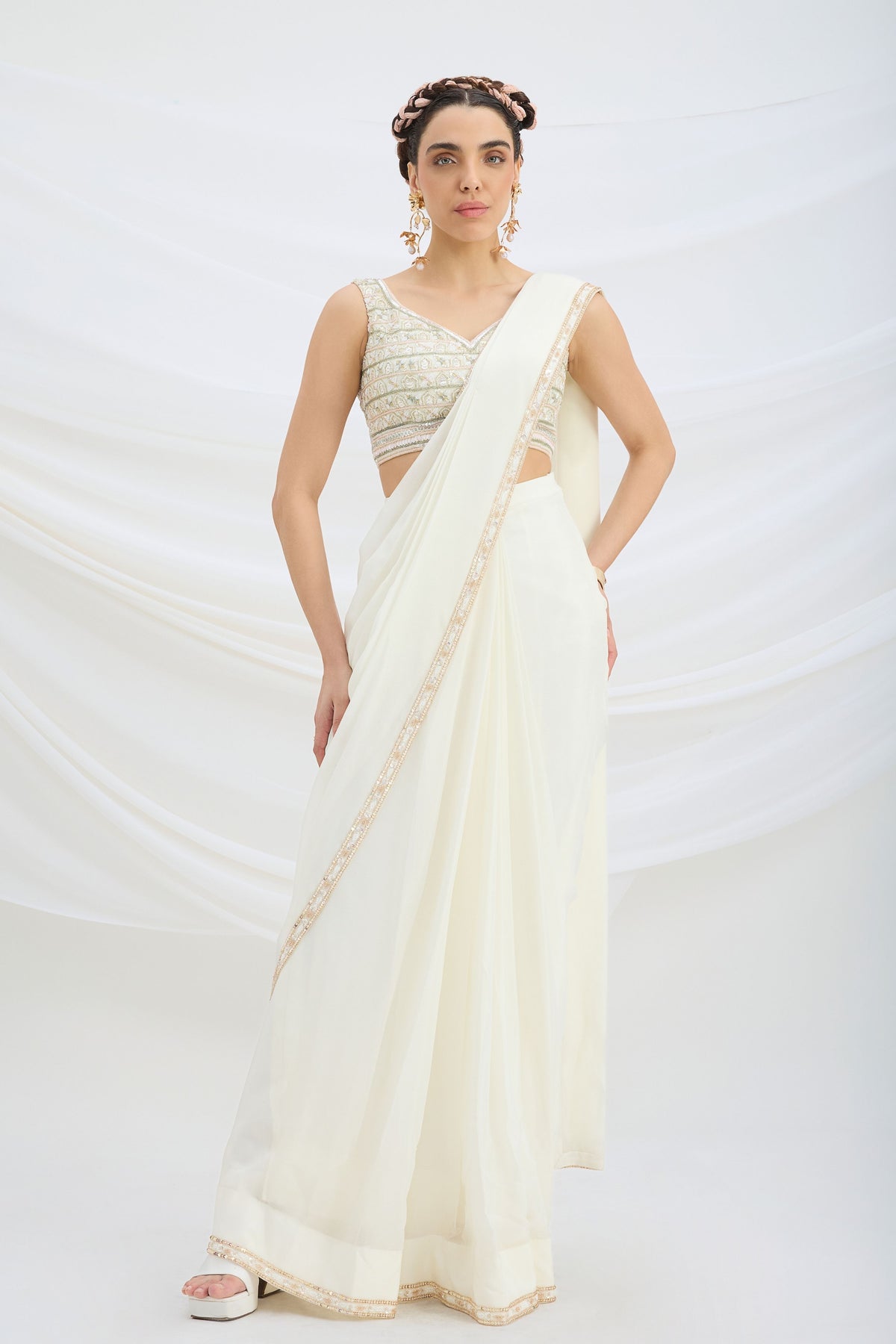 Off White Drape Saree Set