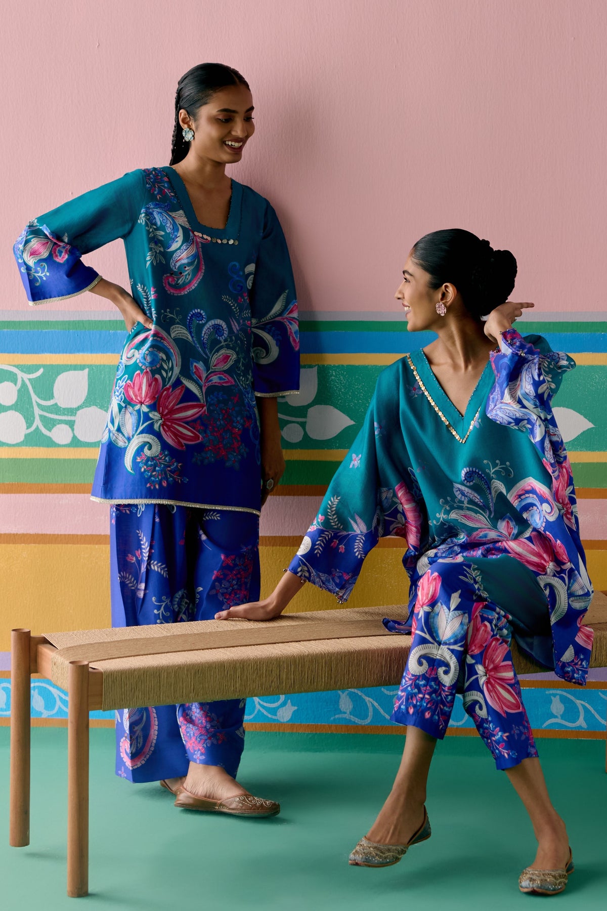 Teal Paisley Short Kaftan Set