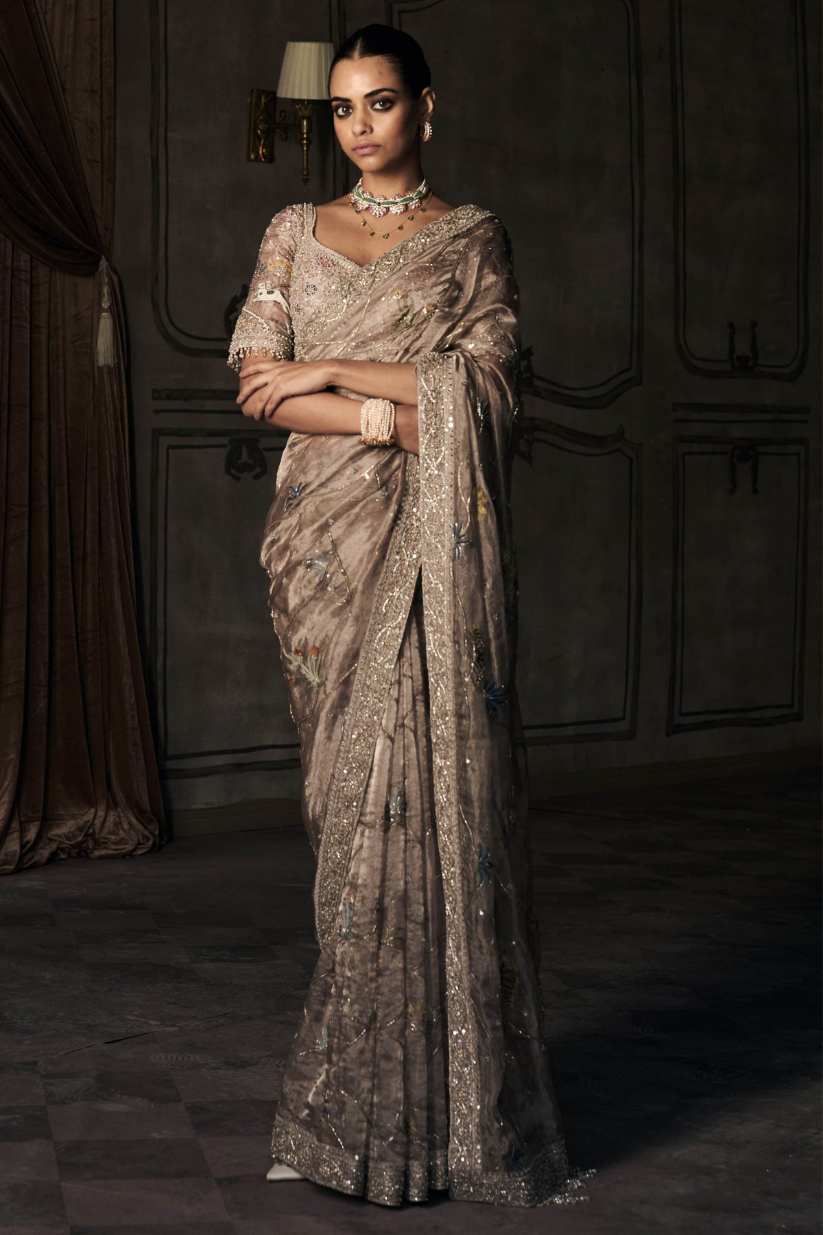 New Shikargah Aged Lavendar Tissue Saree Set