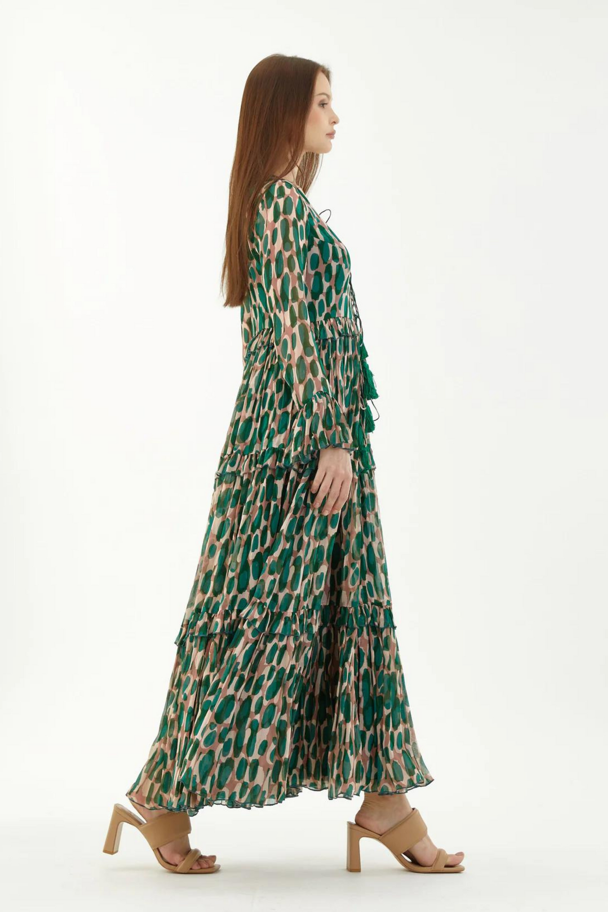 Green And Peach Front Open Frill Dress