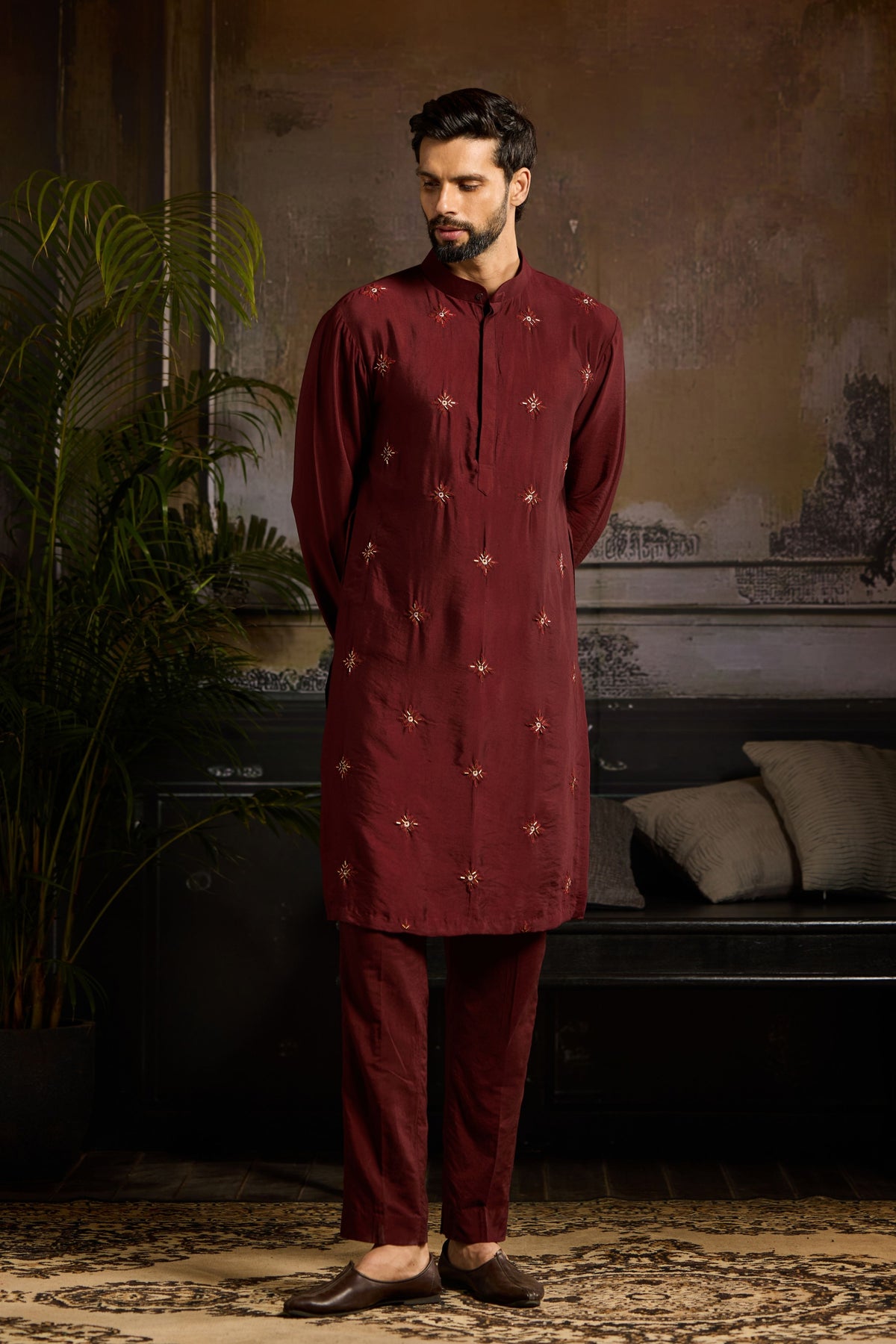 Maroon Floral Butta Kurta Set
