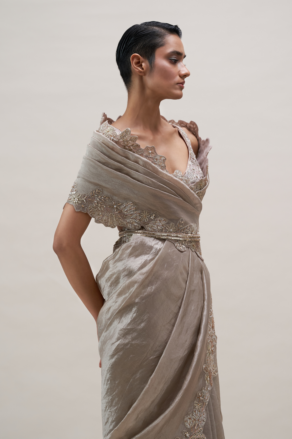 Palm Silver-soft Lilac Scallop Tissue Saree Set