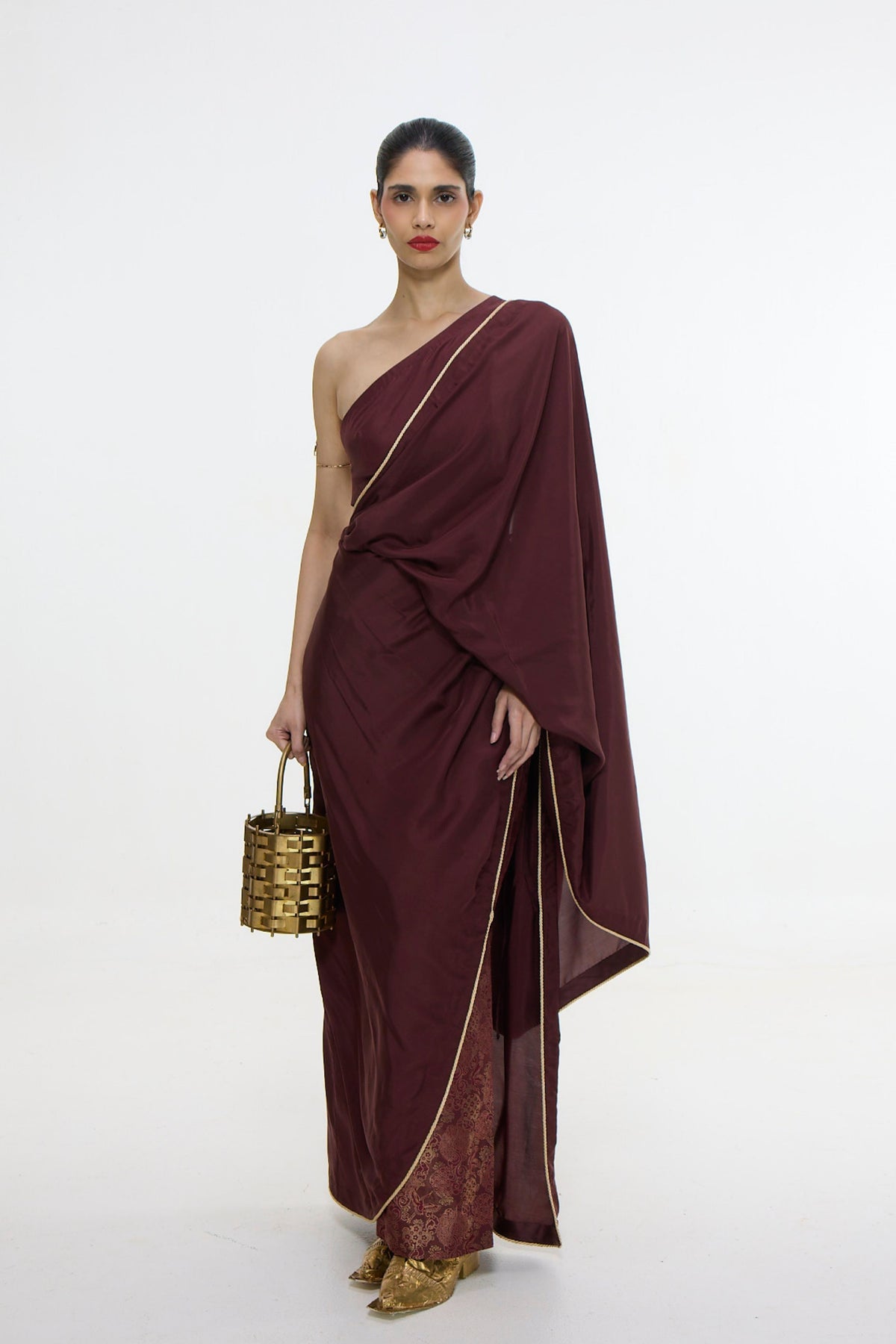 Chestnut Mashroo Silk Drape Saree