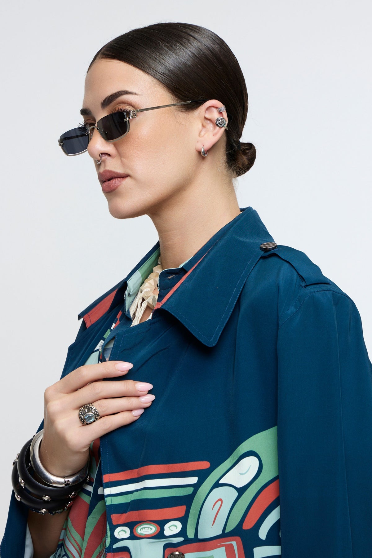 Midnight Blue Printed Mask Trench Coat Set