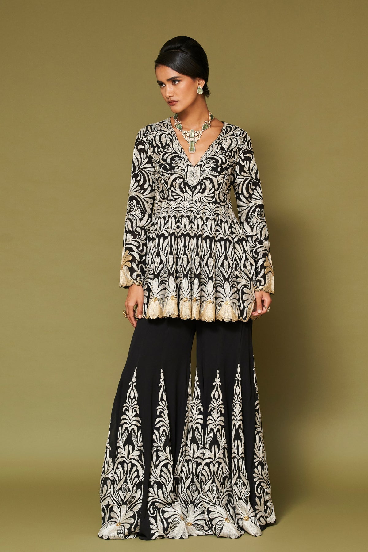 Black Embroidered Georgette Sharara Set
