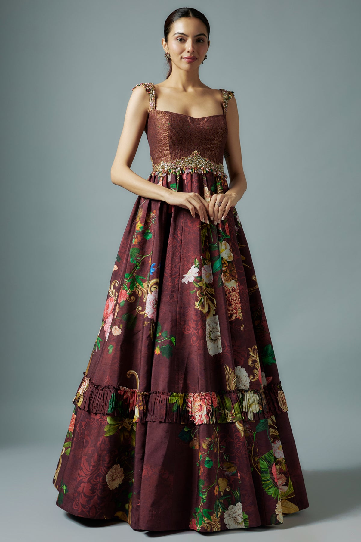 Maroon Botanical Printed Gown