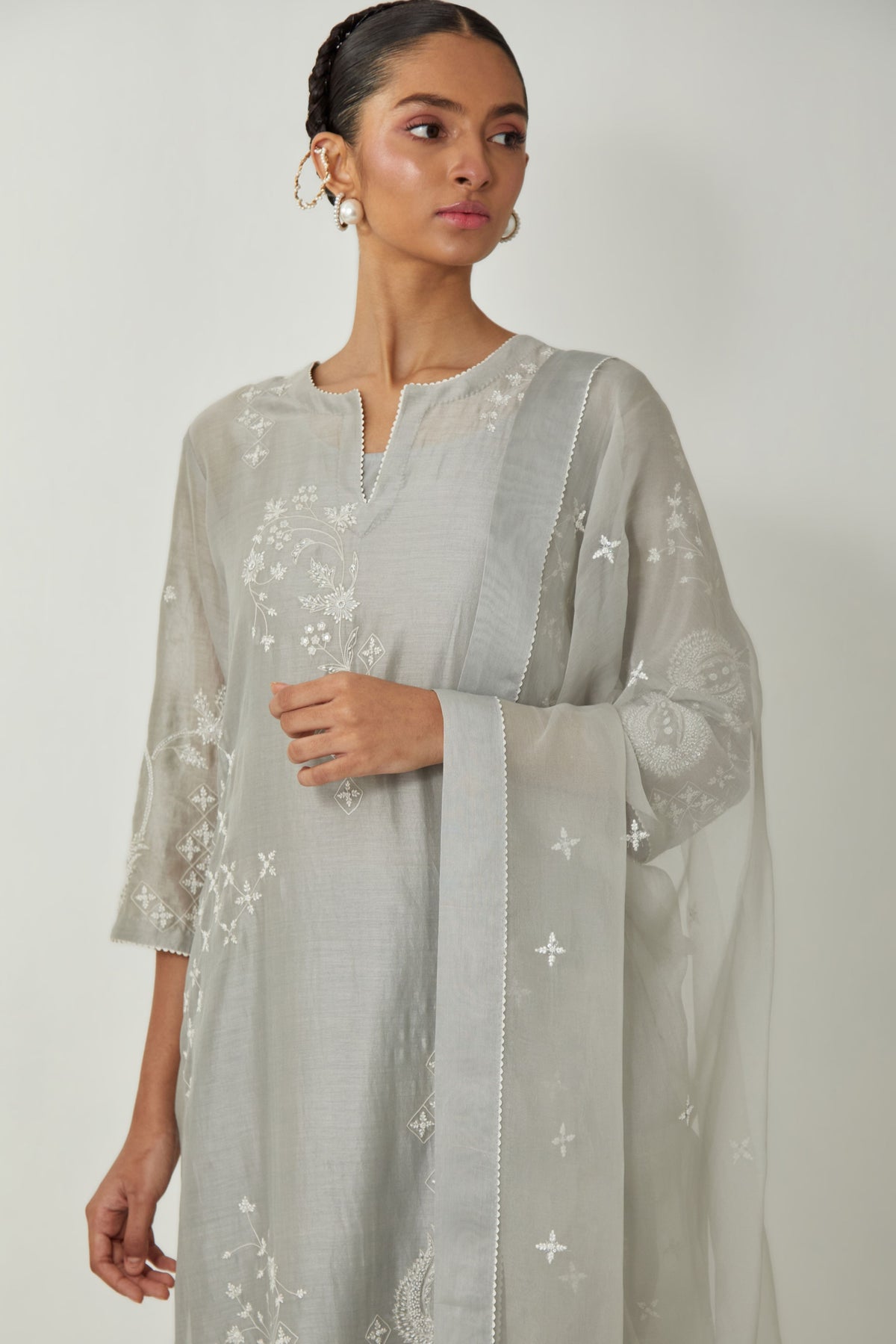 Grey Chanderi Straight Kurta Set