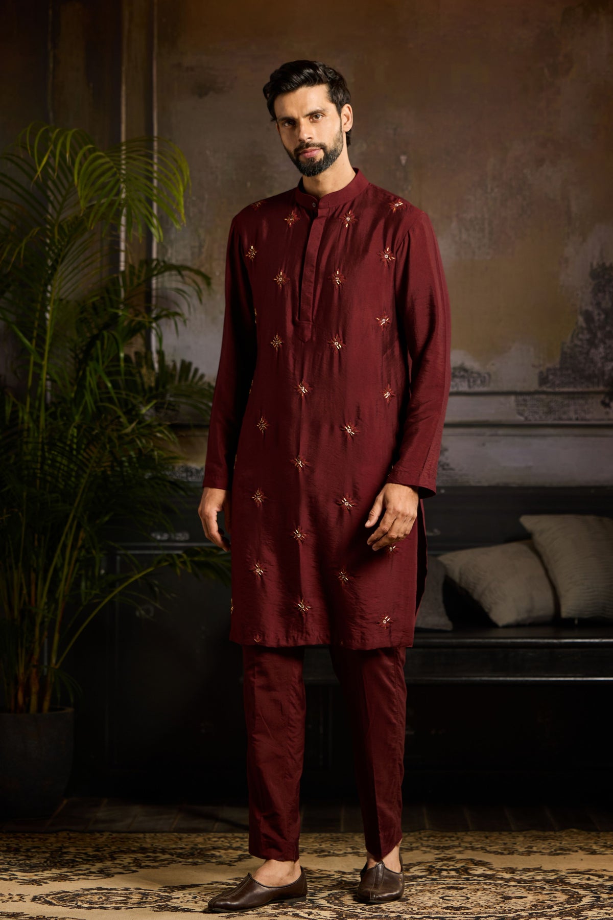 Maroon Floral Butta Kurta Set