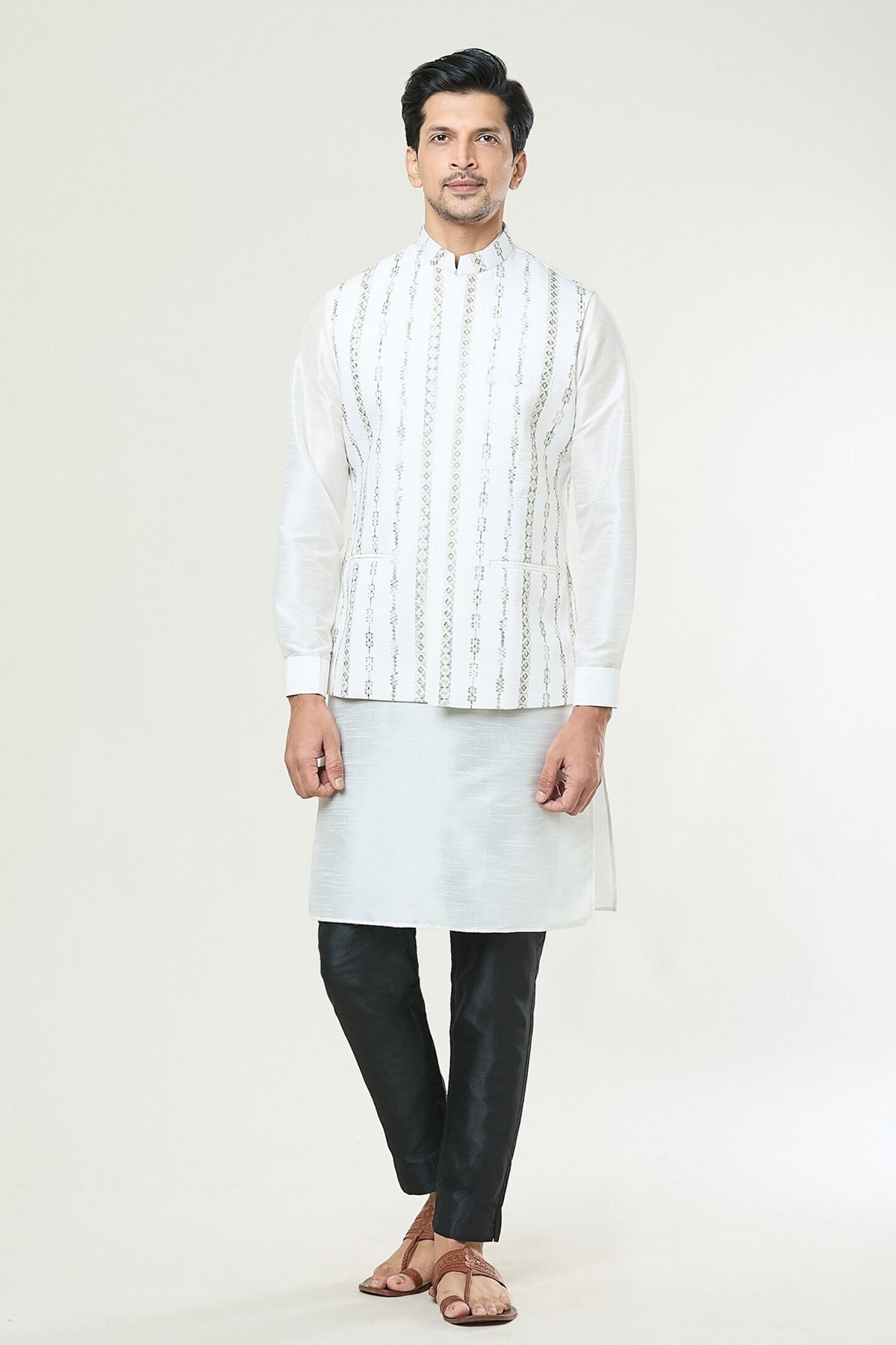 Off White Embroidered jacket Set