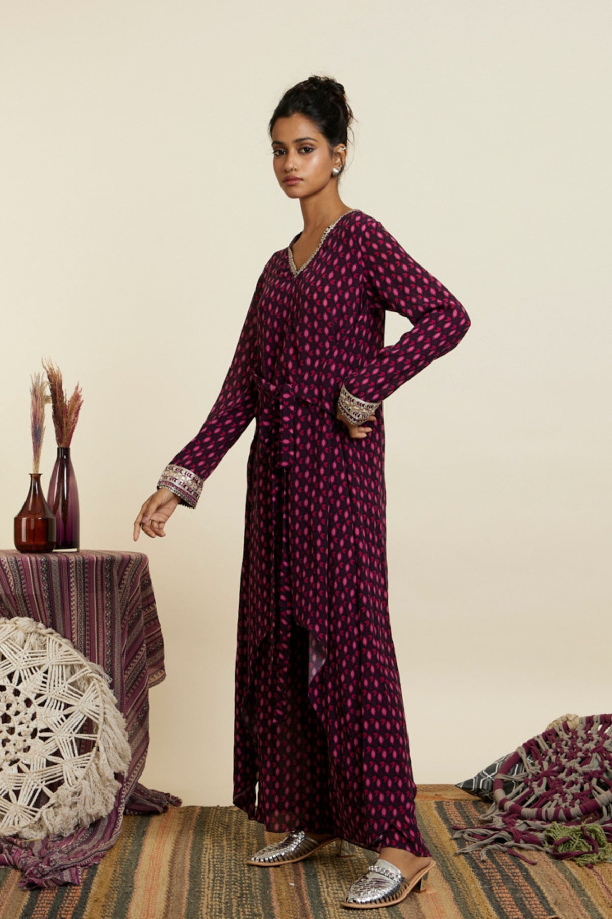Wine Printed Front Tie up Tunic Set