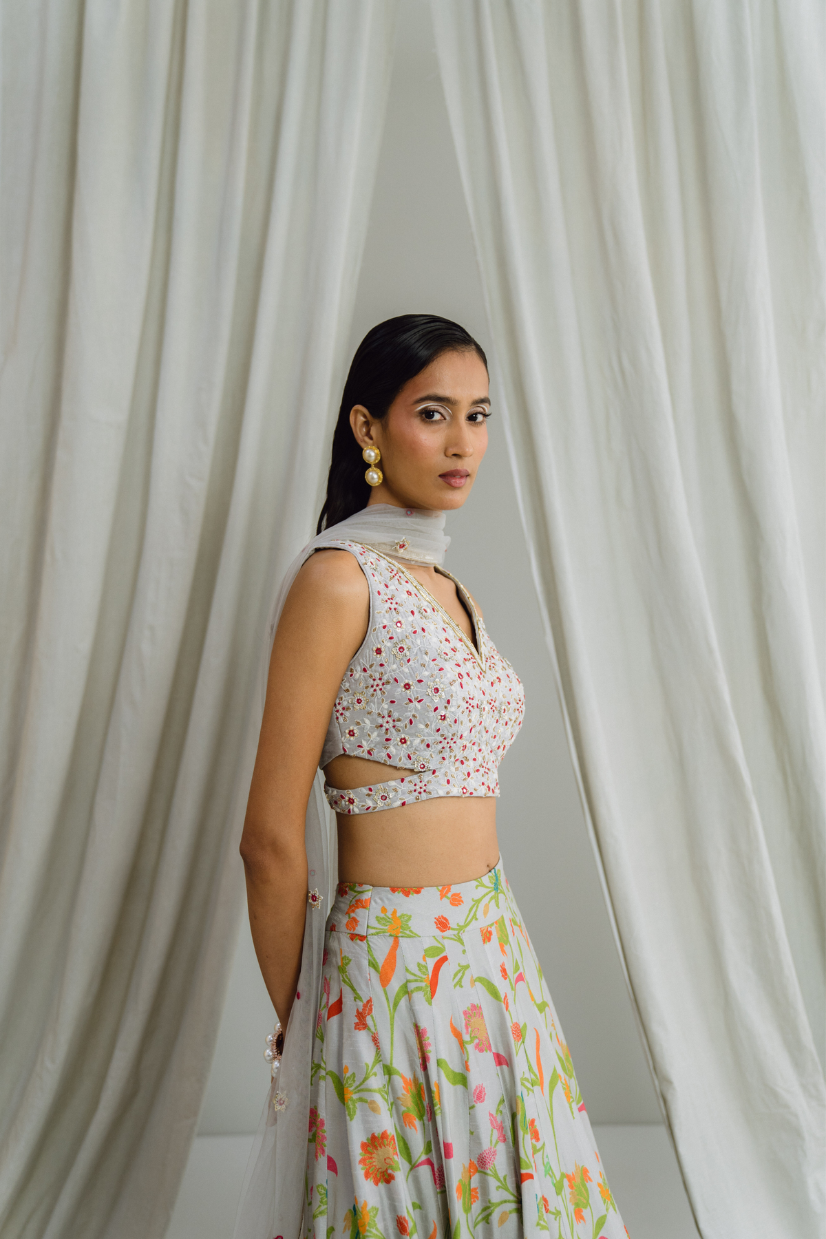Grey Mix Print Paneled Lehenga Set