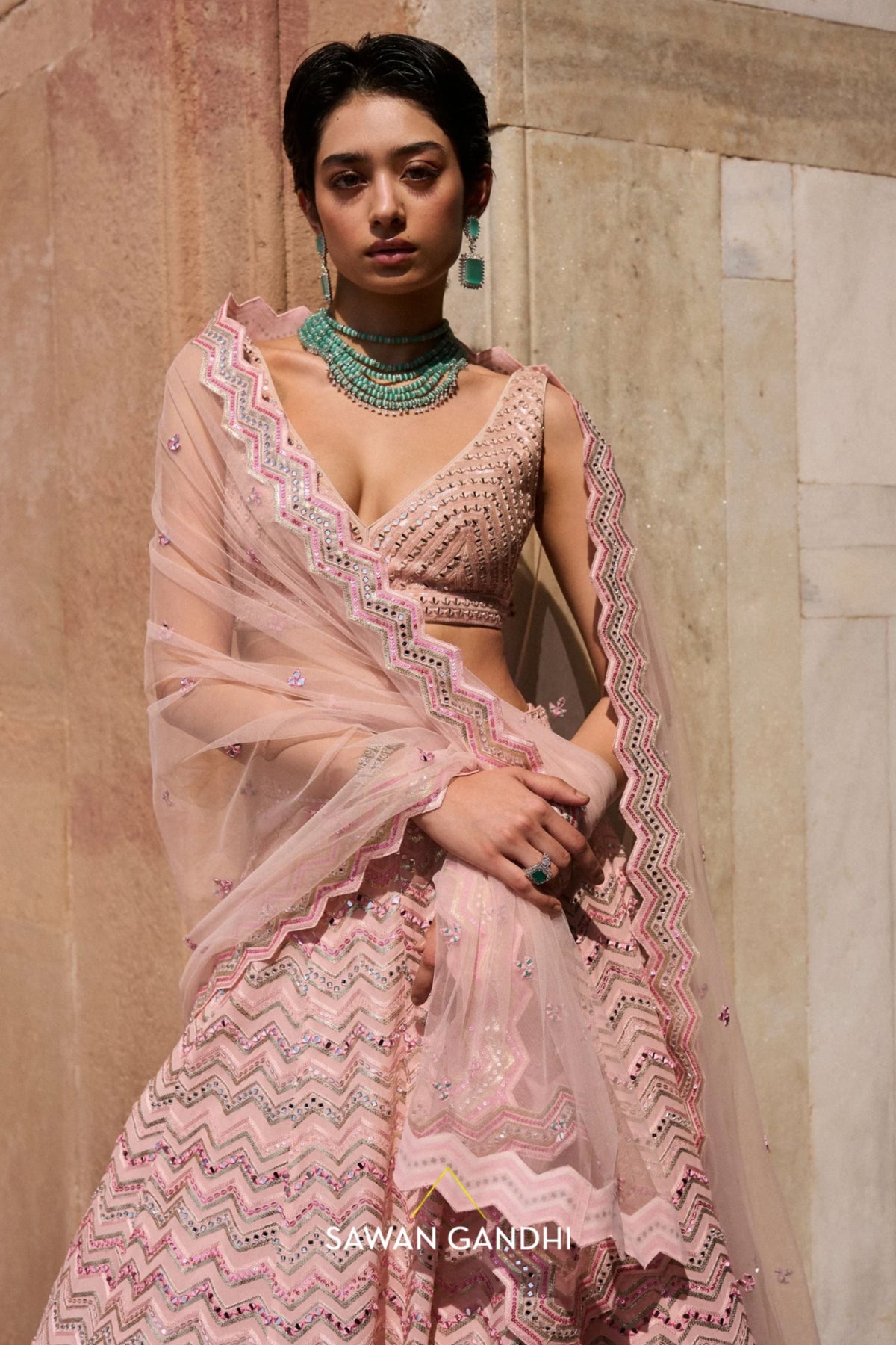 Blush Pink Chevron Lehenga Set