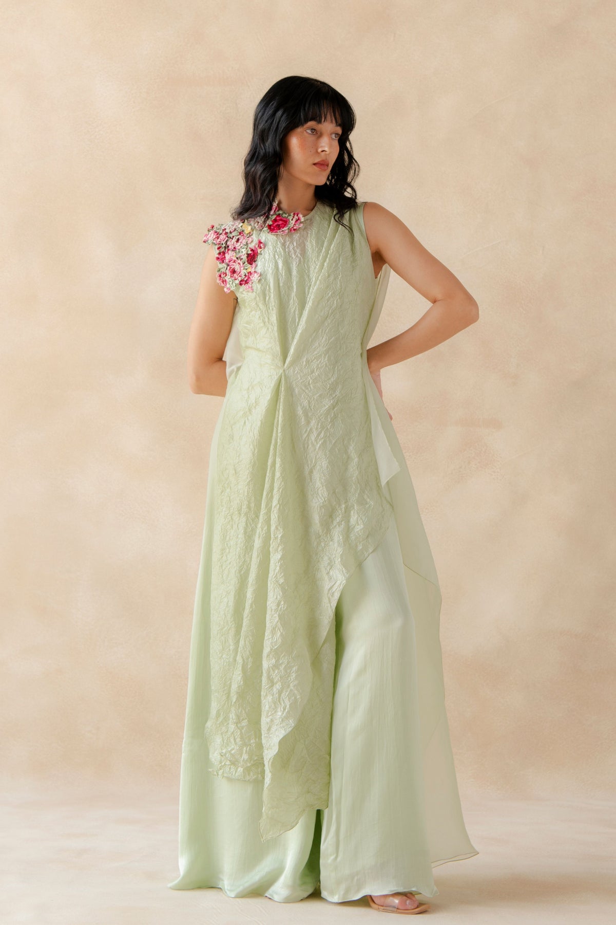 Embroidered Crush Overlay Jumpsuit