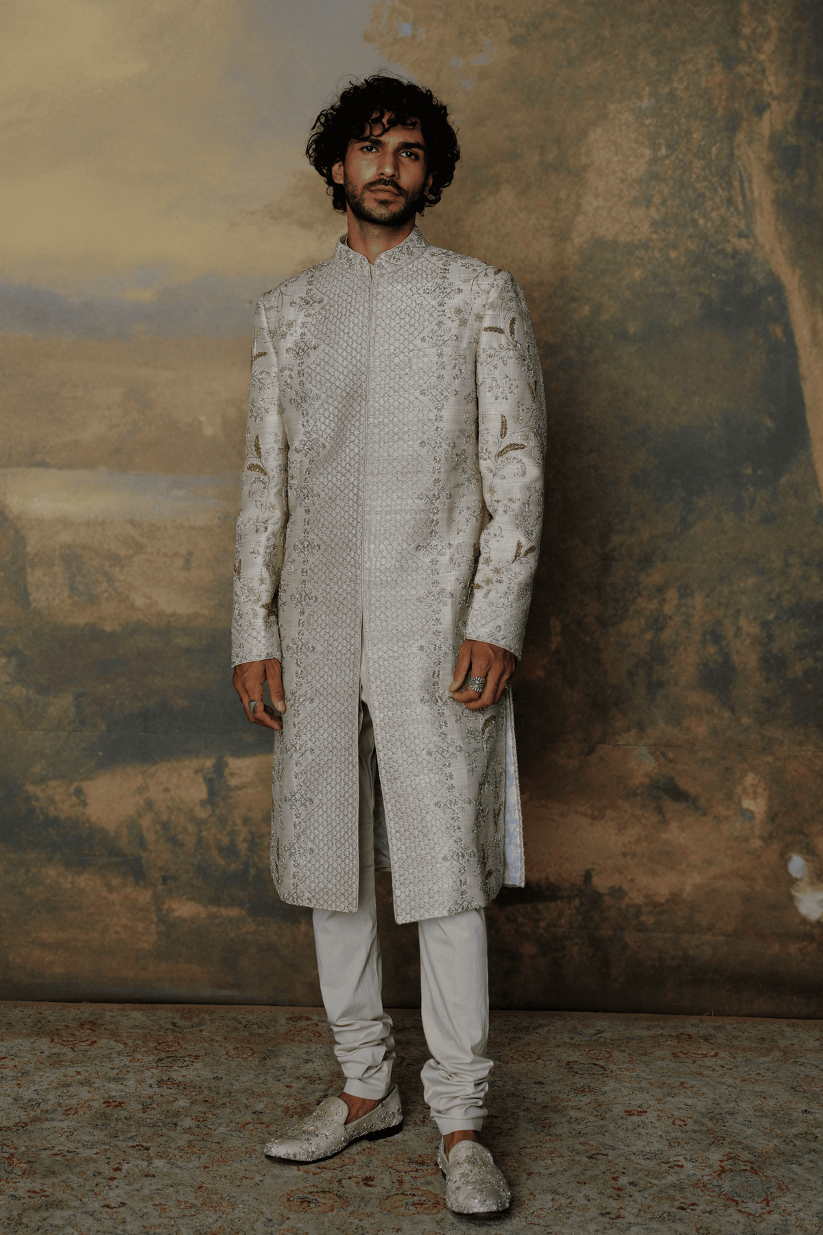 Beige Embroidered Sherwani Set