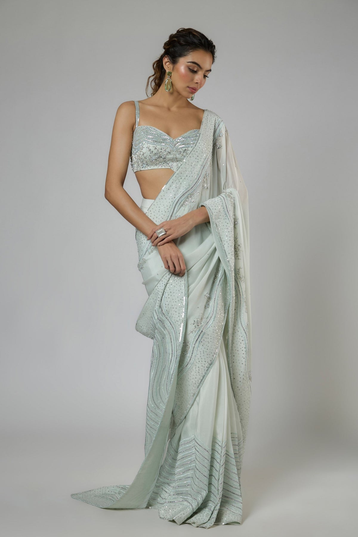 Light Mint Draped Saree Set