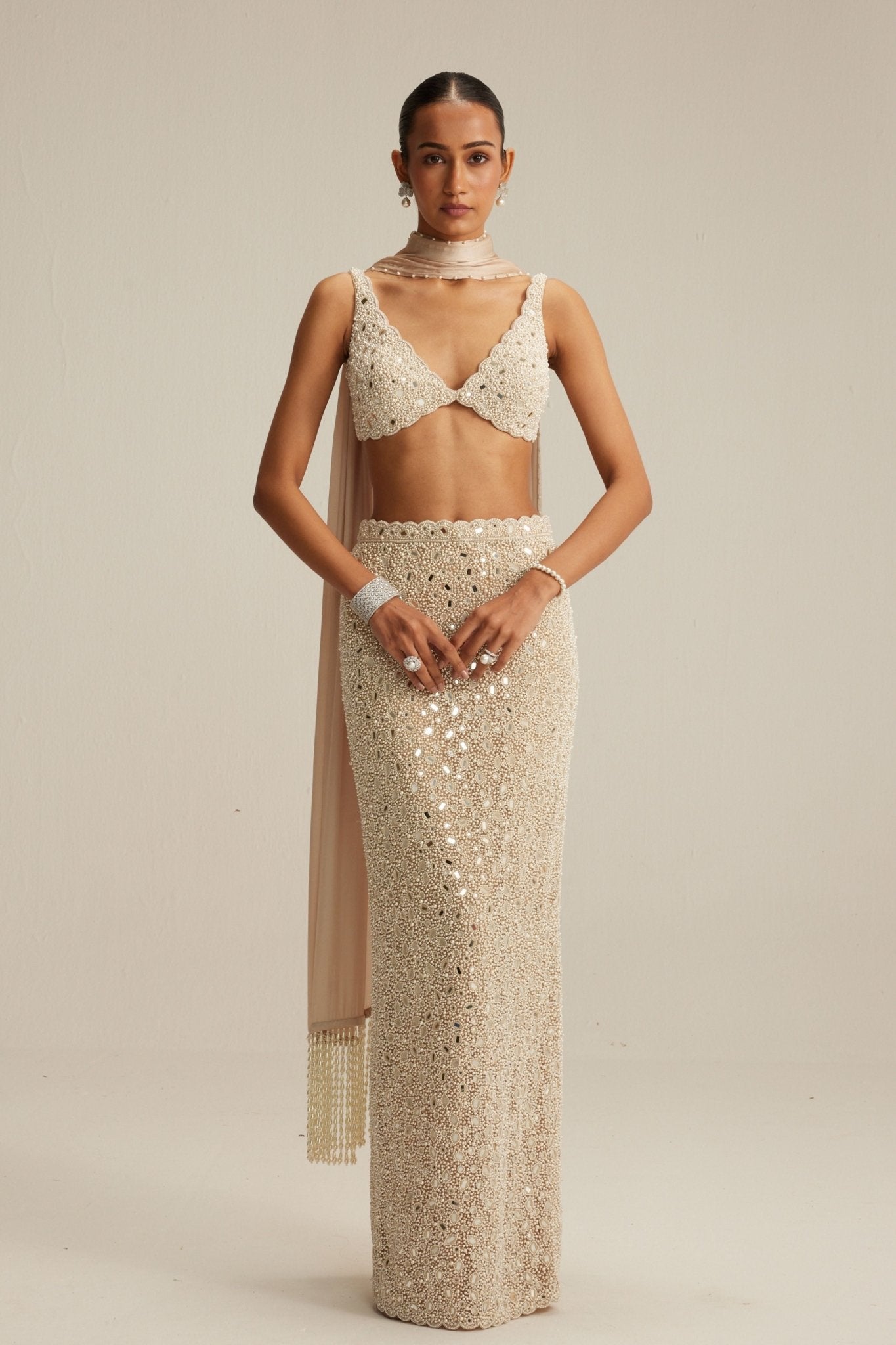 Light Beige Pencil Skirt - Vvani by Vani Vats - Elahe