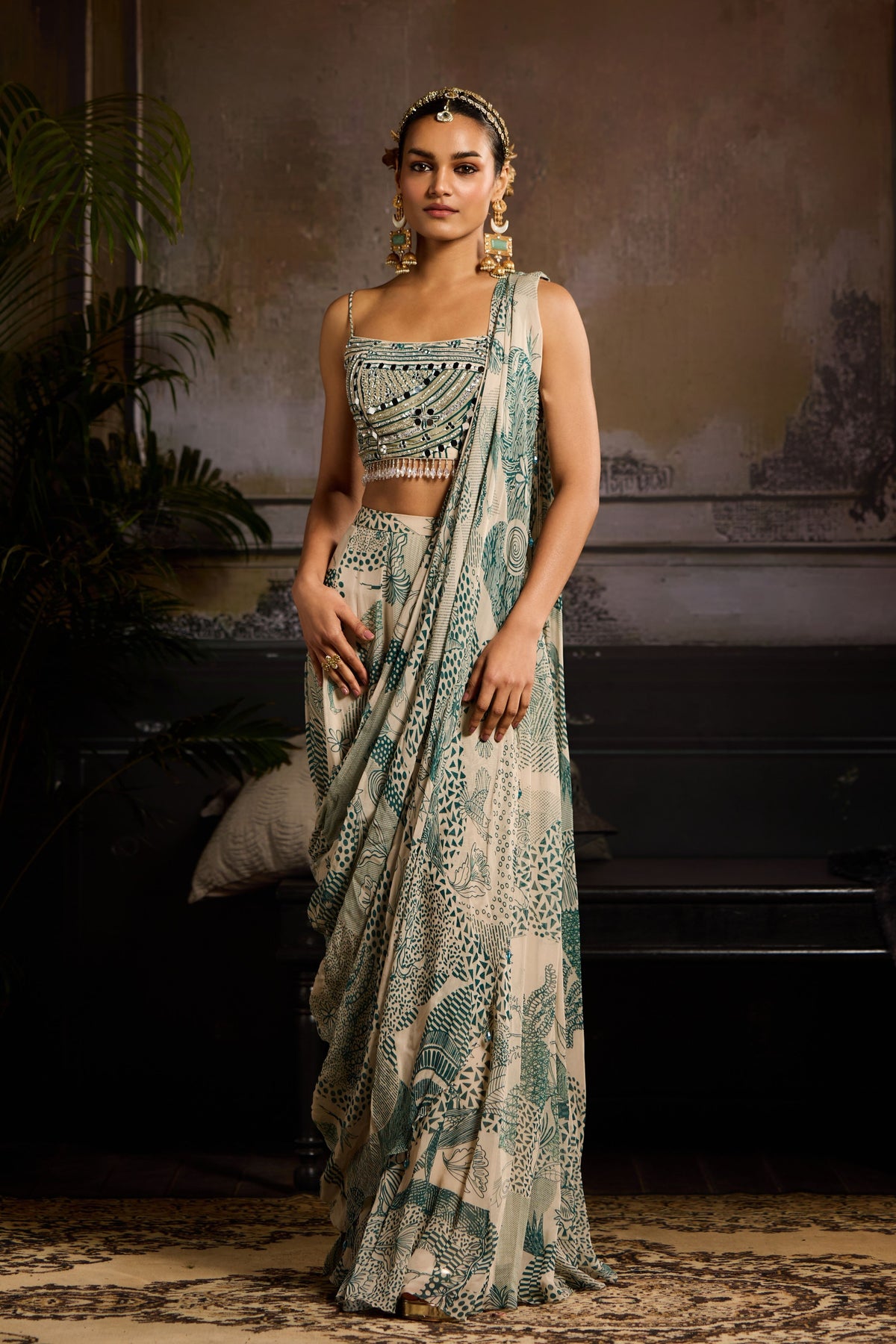Geometric Print Drape Saree Set