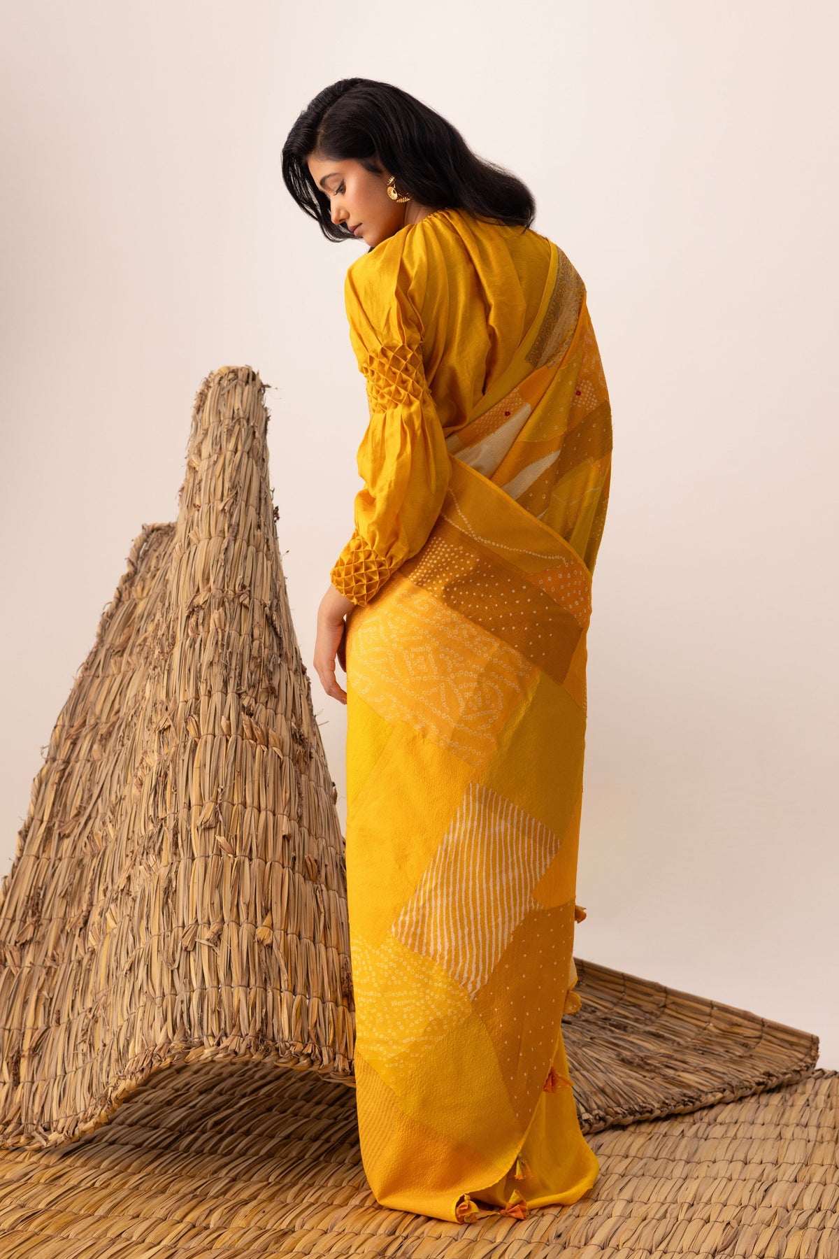 Yellow Bandhani Patchwork Saree set