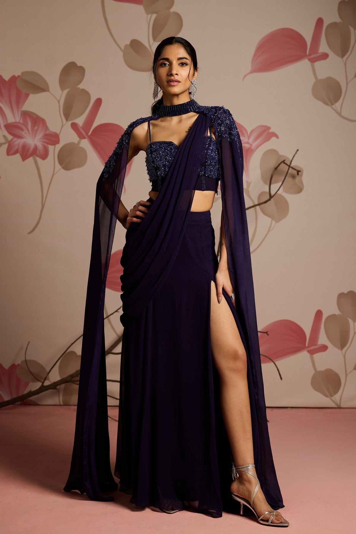 Lavender Drape Saree Set With Cape