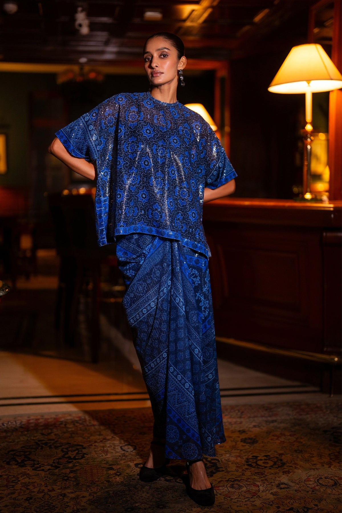 Blue Sequin Boxy Top & Drape Skirt