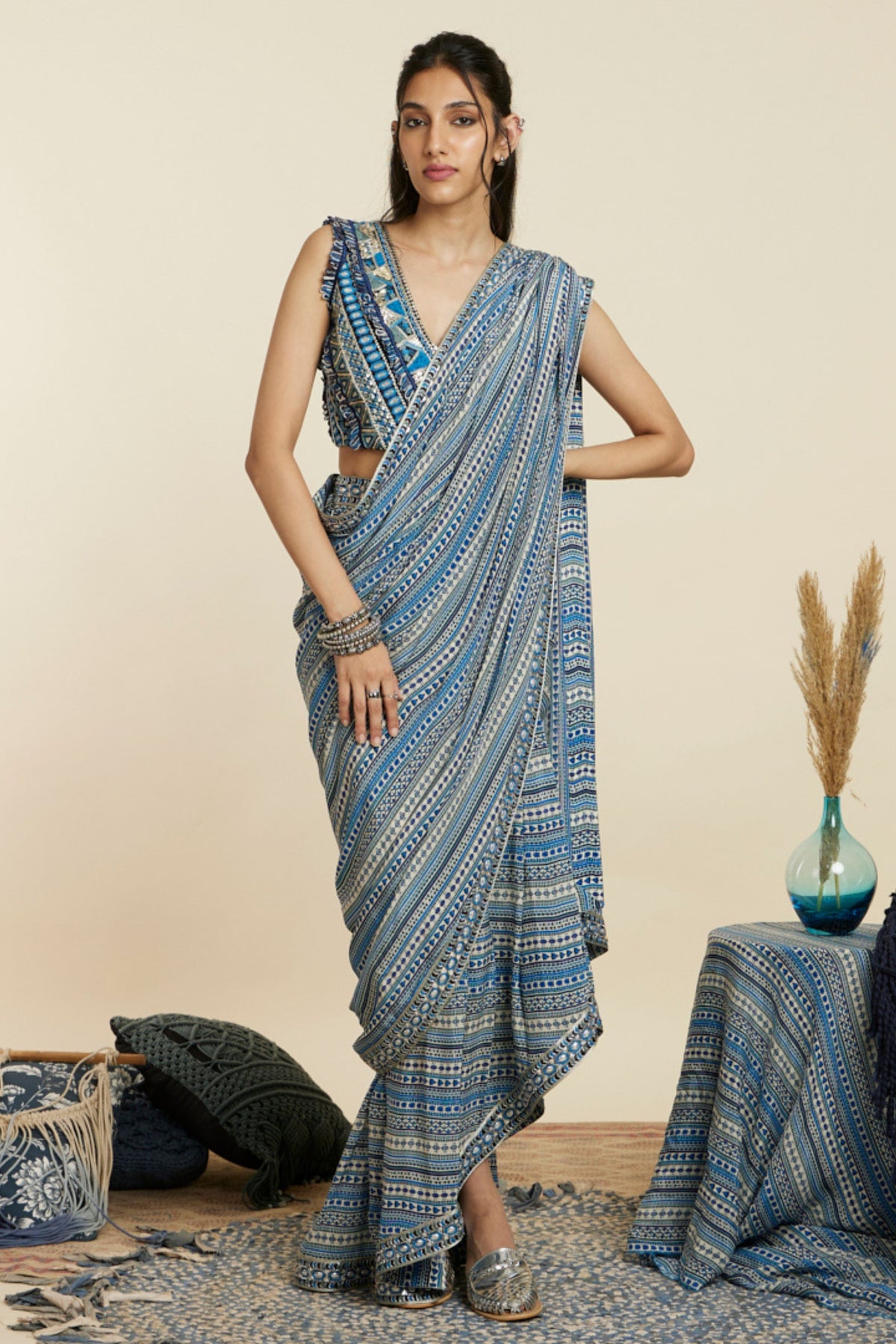 Blue Boho Cascade Saree Set