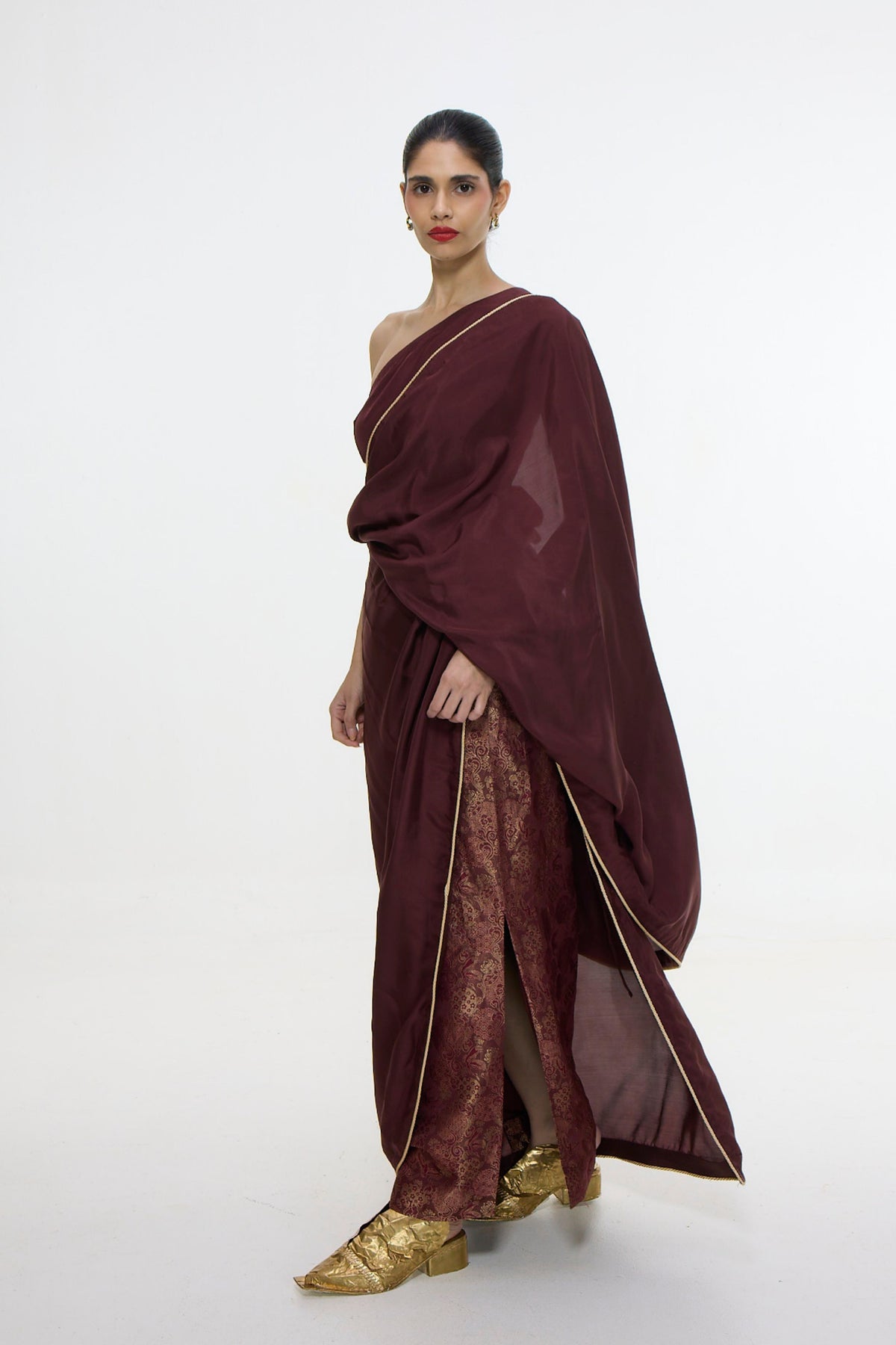 Chestnut Mashroo Silk Drape Saree