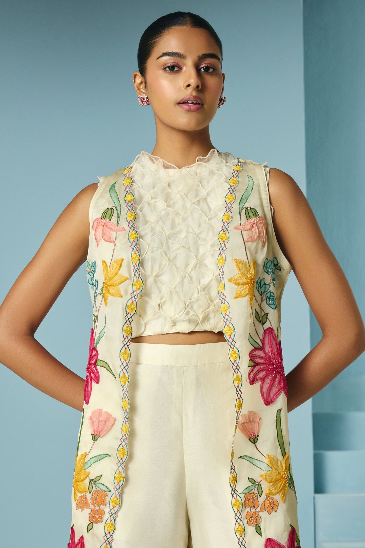Ivory Floral Applique Long Jacket