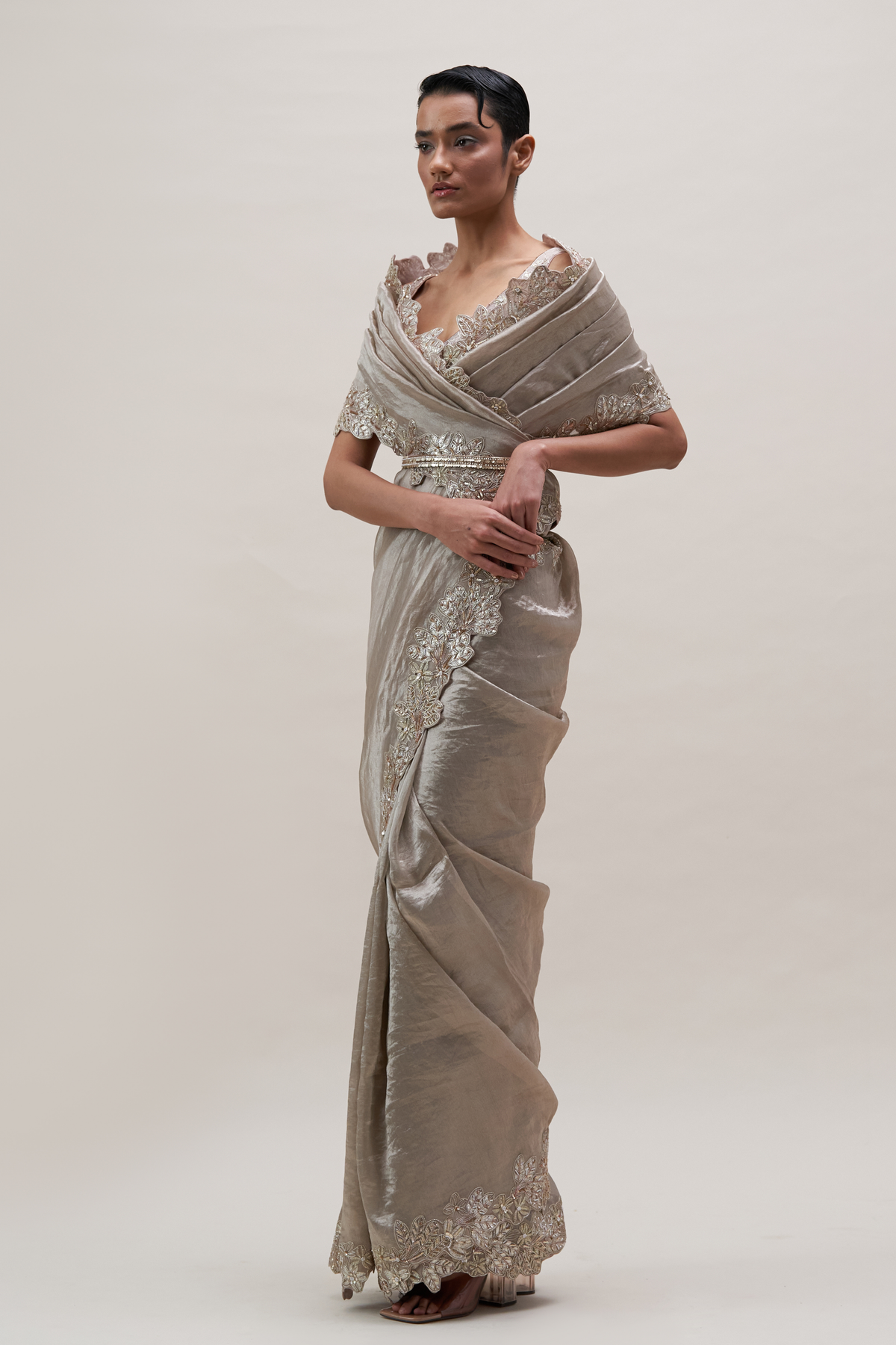 Palm Silver-soft Lilac Scallop Tissue Saree Set