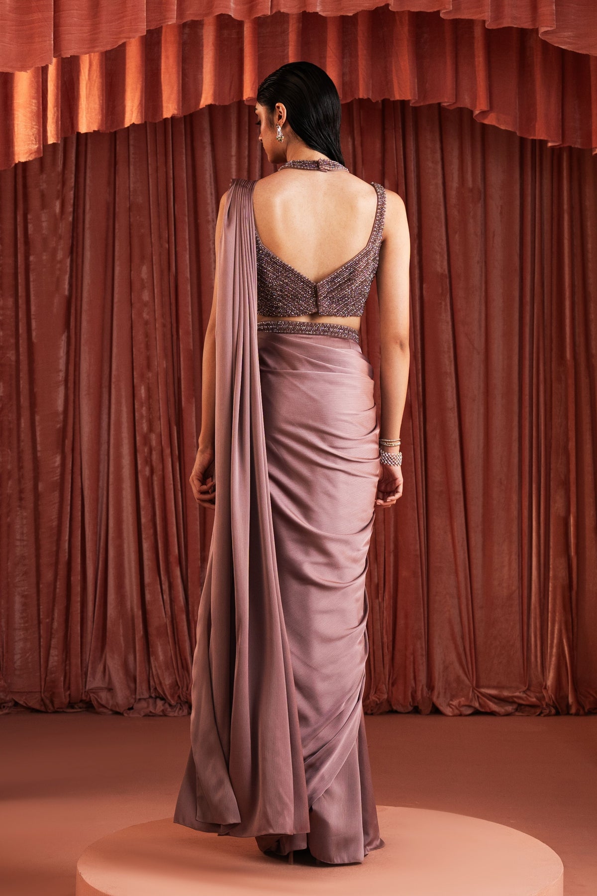 Purple Beaded Draped Saree Set