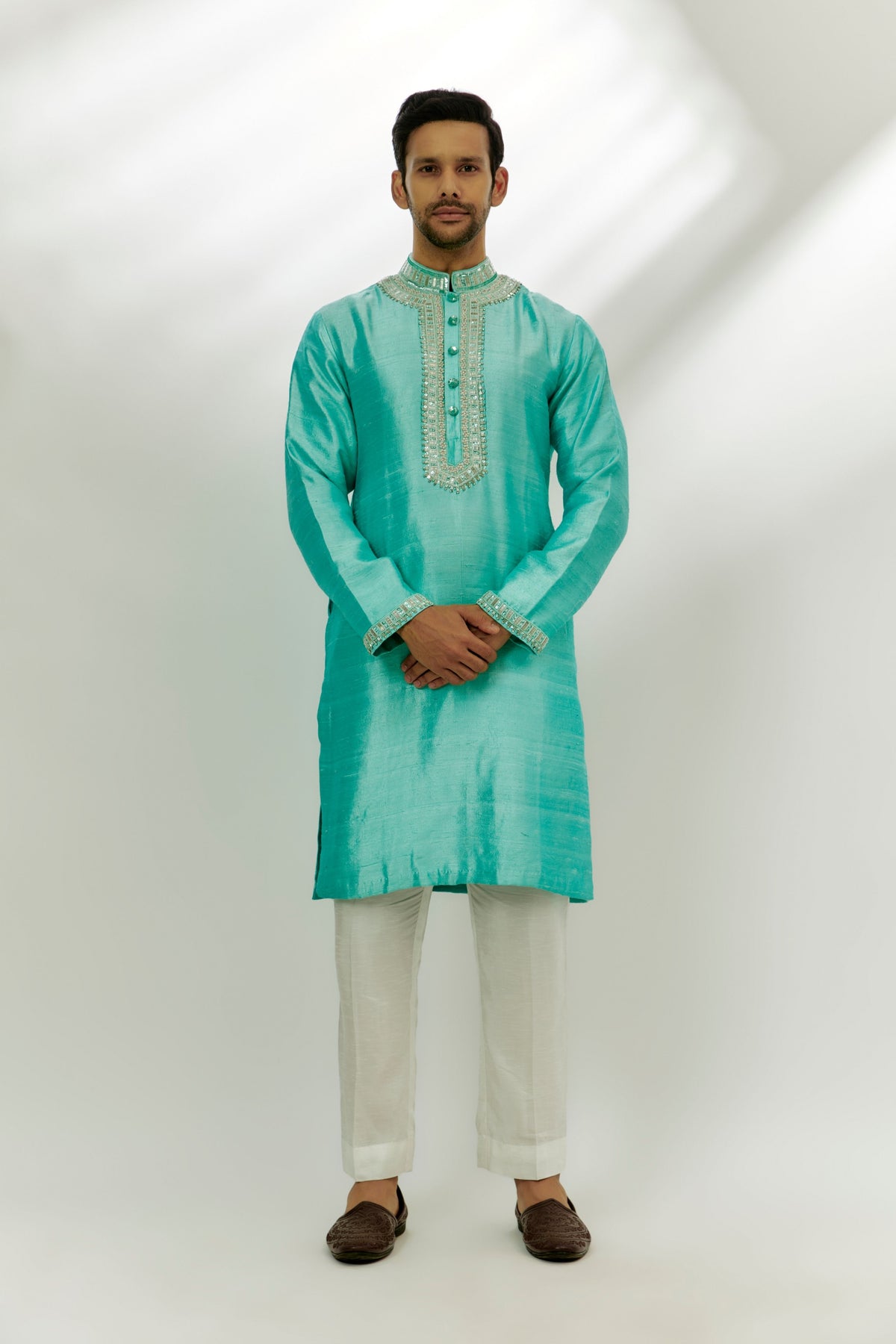 Cyan Blue Rawsilk Embroidered Kurta