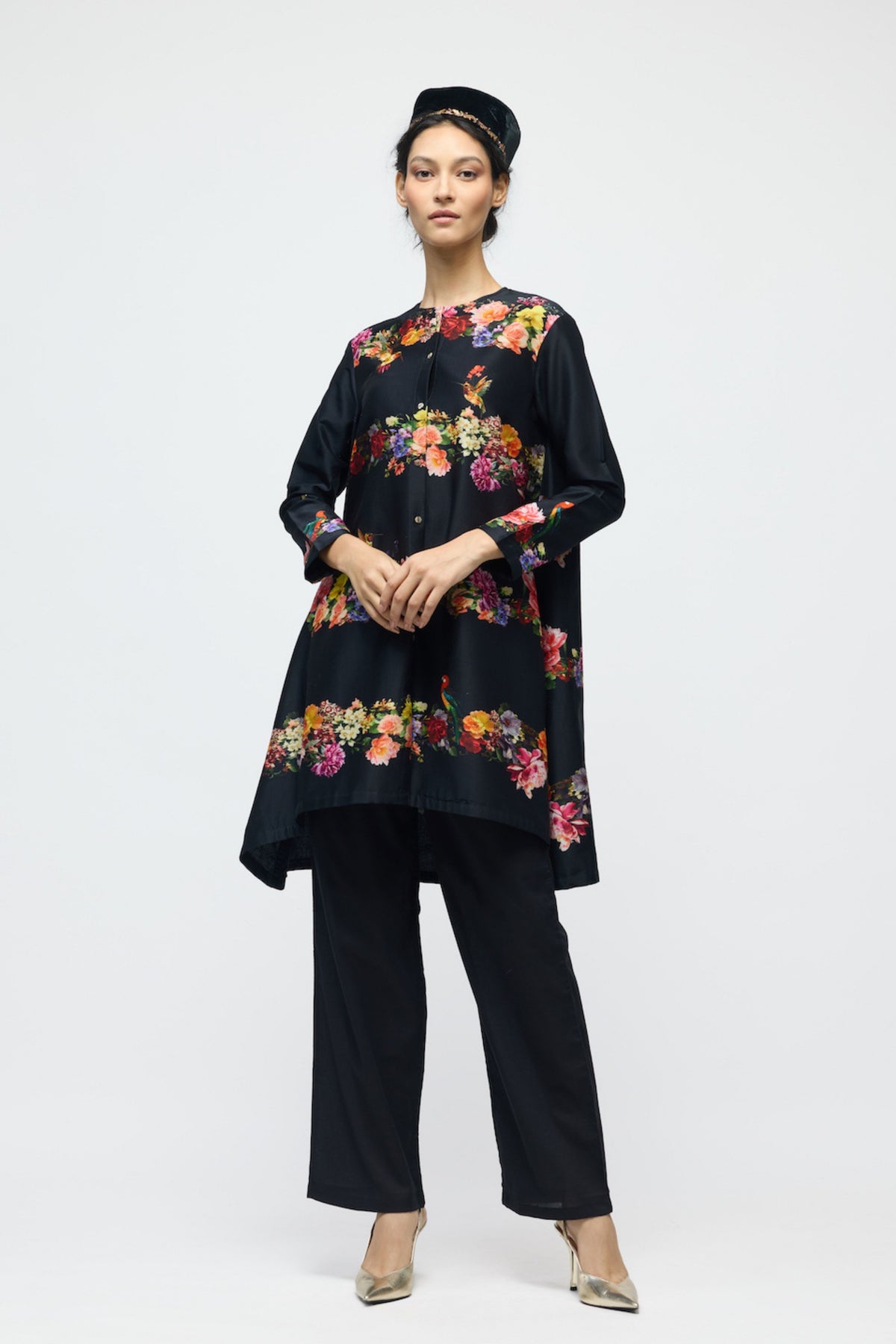 Black Floral Chanderi Tunic Set