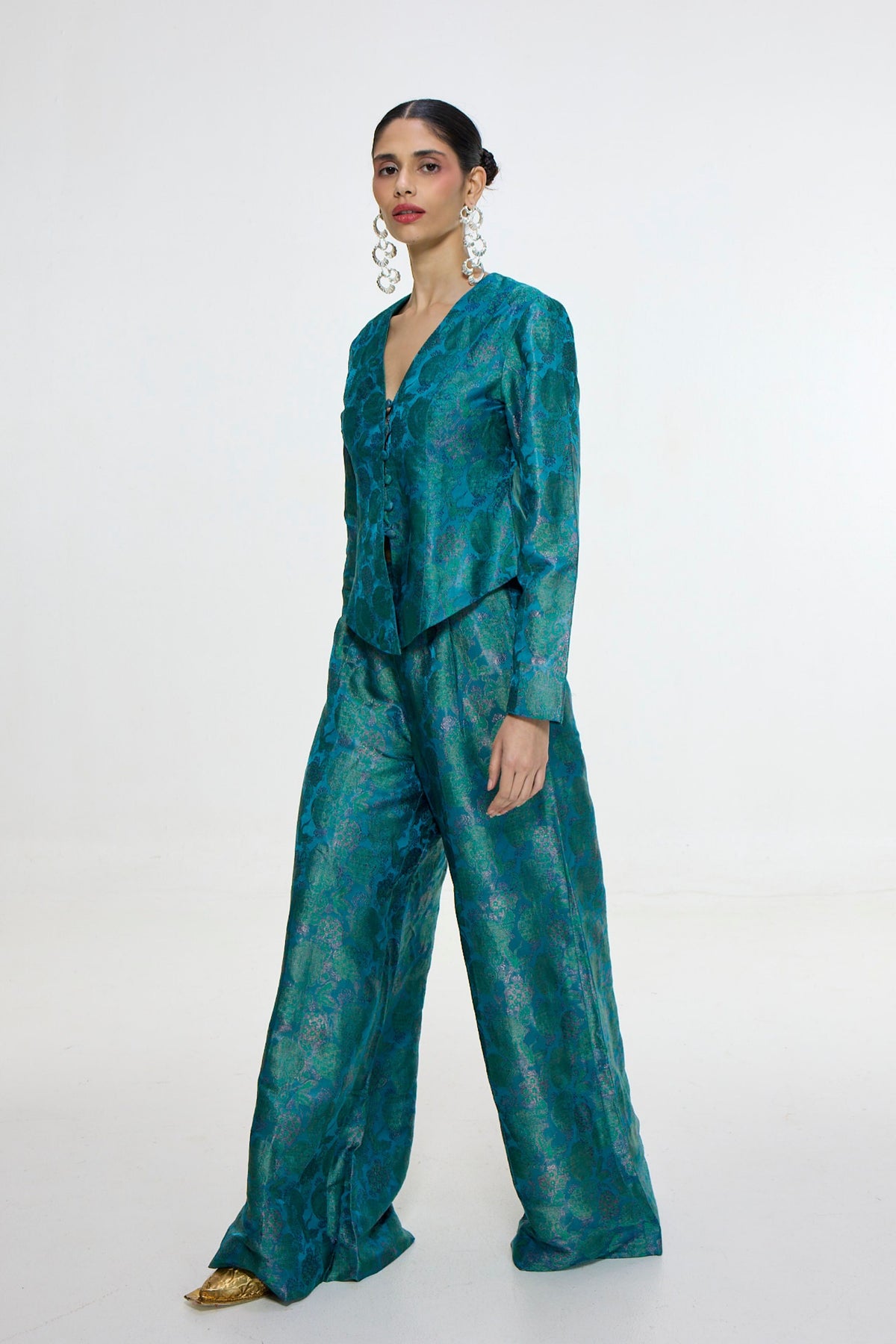 Handwoven Coral Blue Jacket Set