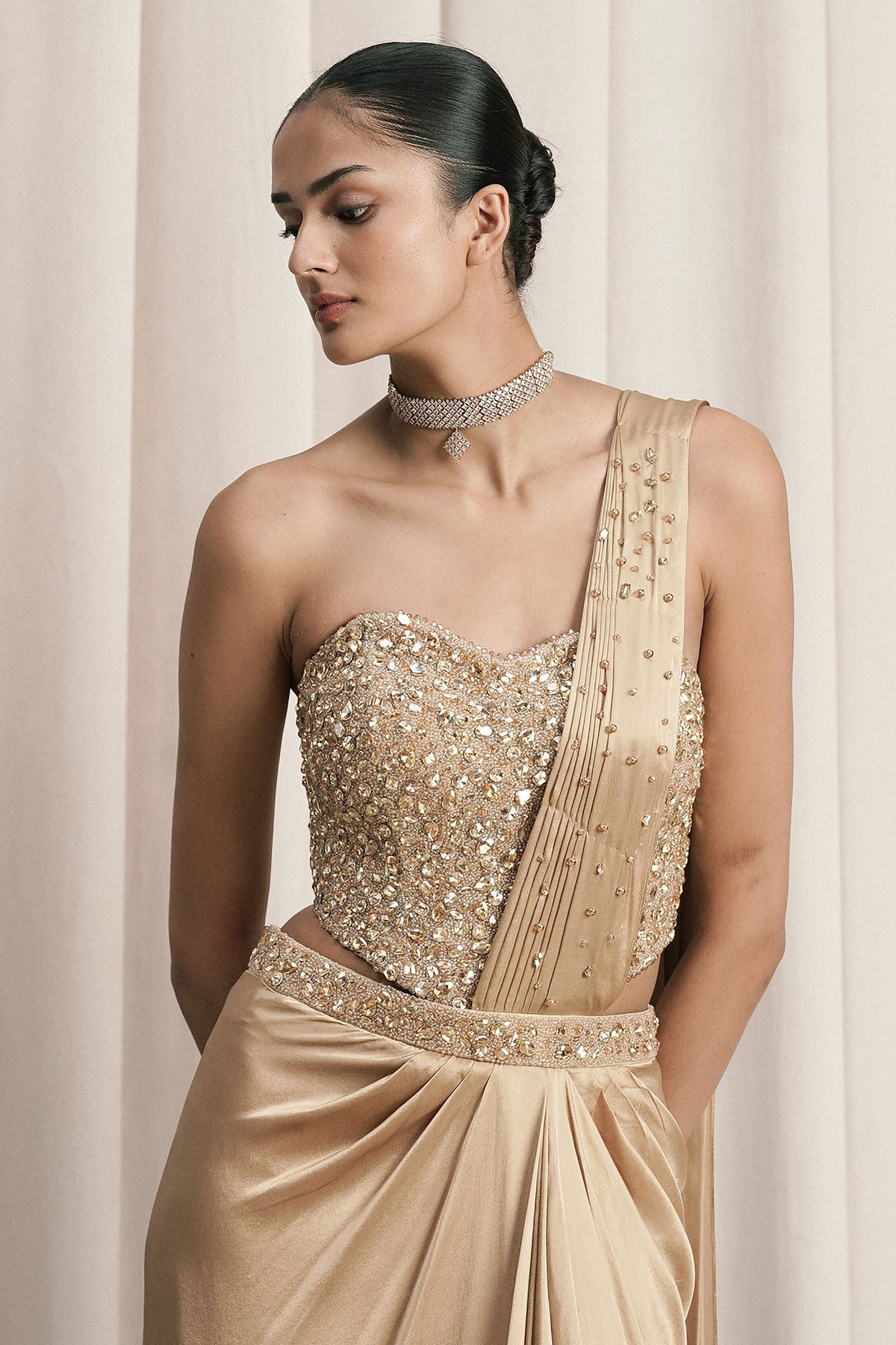 Beige Stonework Corset Saree Set