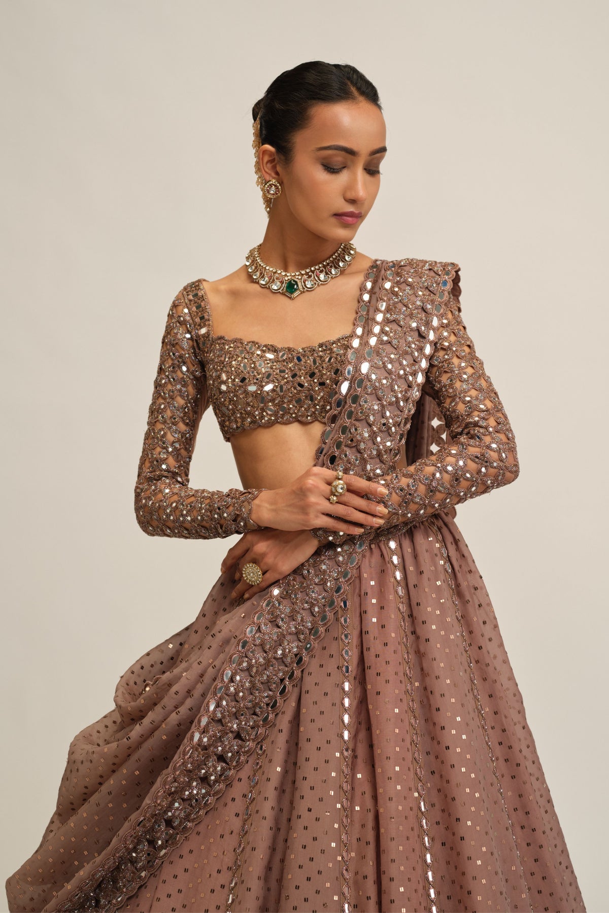 Beige Embroidered Lehenga Set