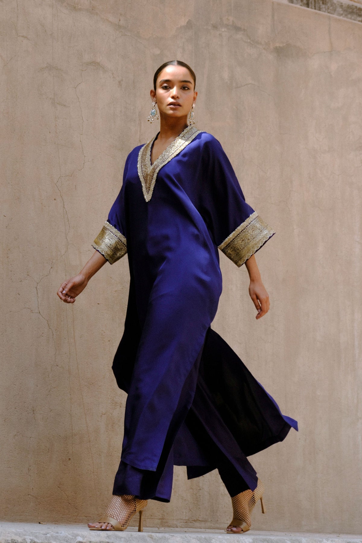 Purple Embroidery V Neck Kaftan with Pants