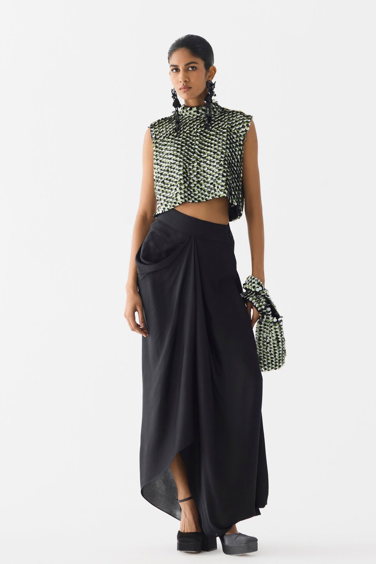 Green Paradise Sequin Top With Knot Skirt
