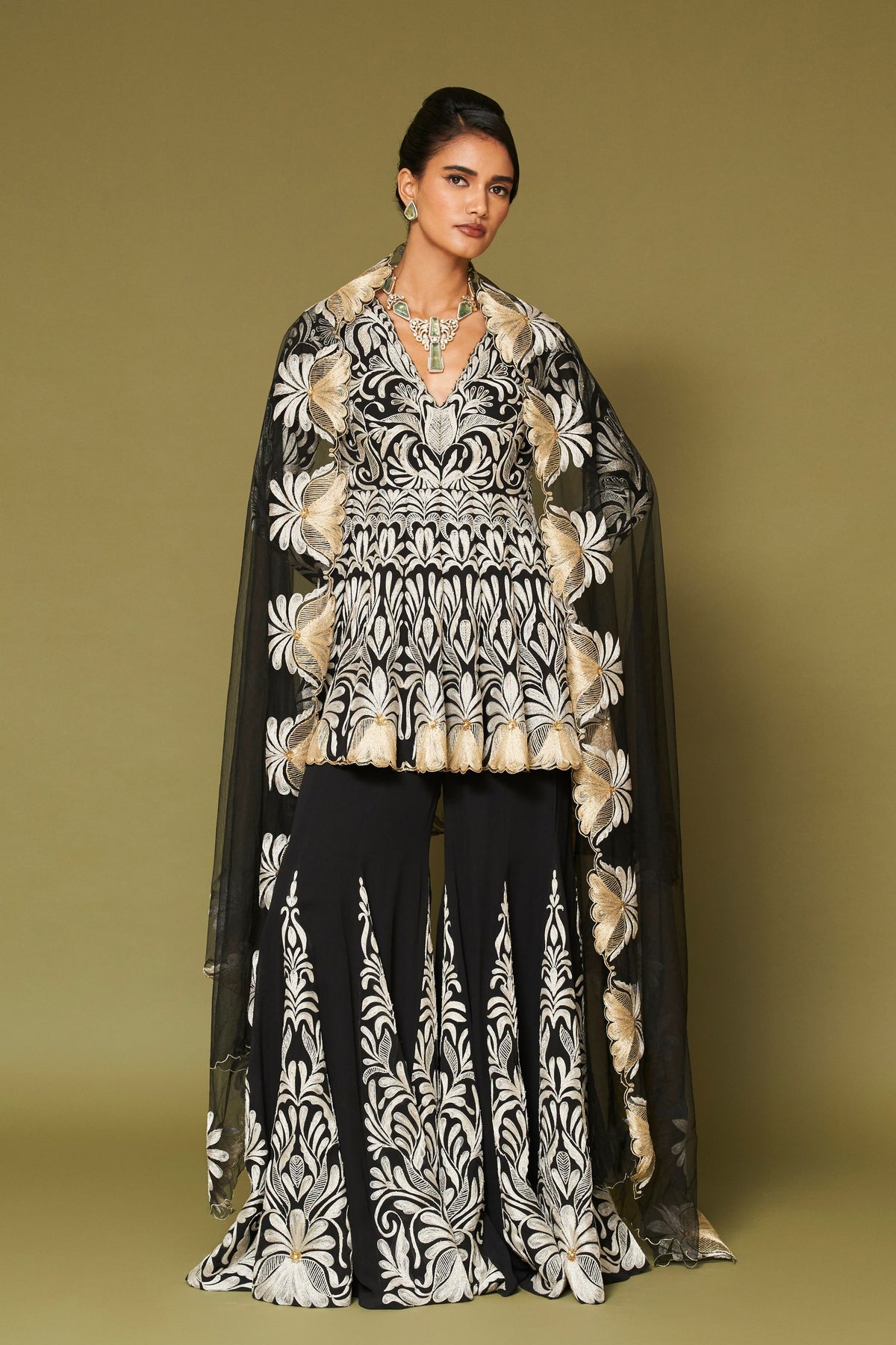 Black Embroidered Georgette Sharara Set