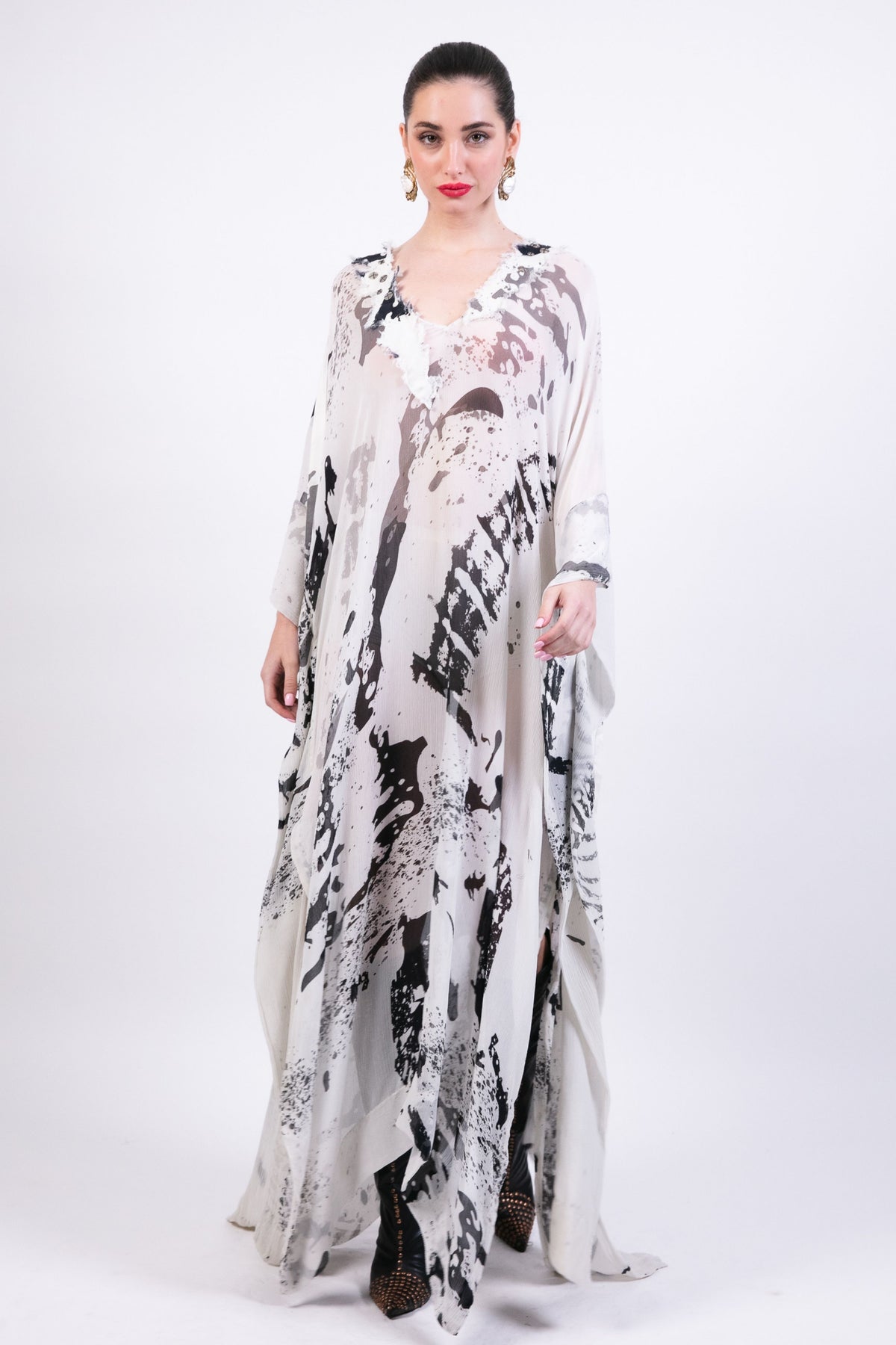 Draped Kaftan With Printed Slip