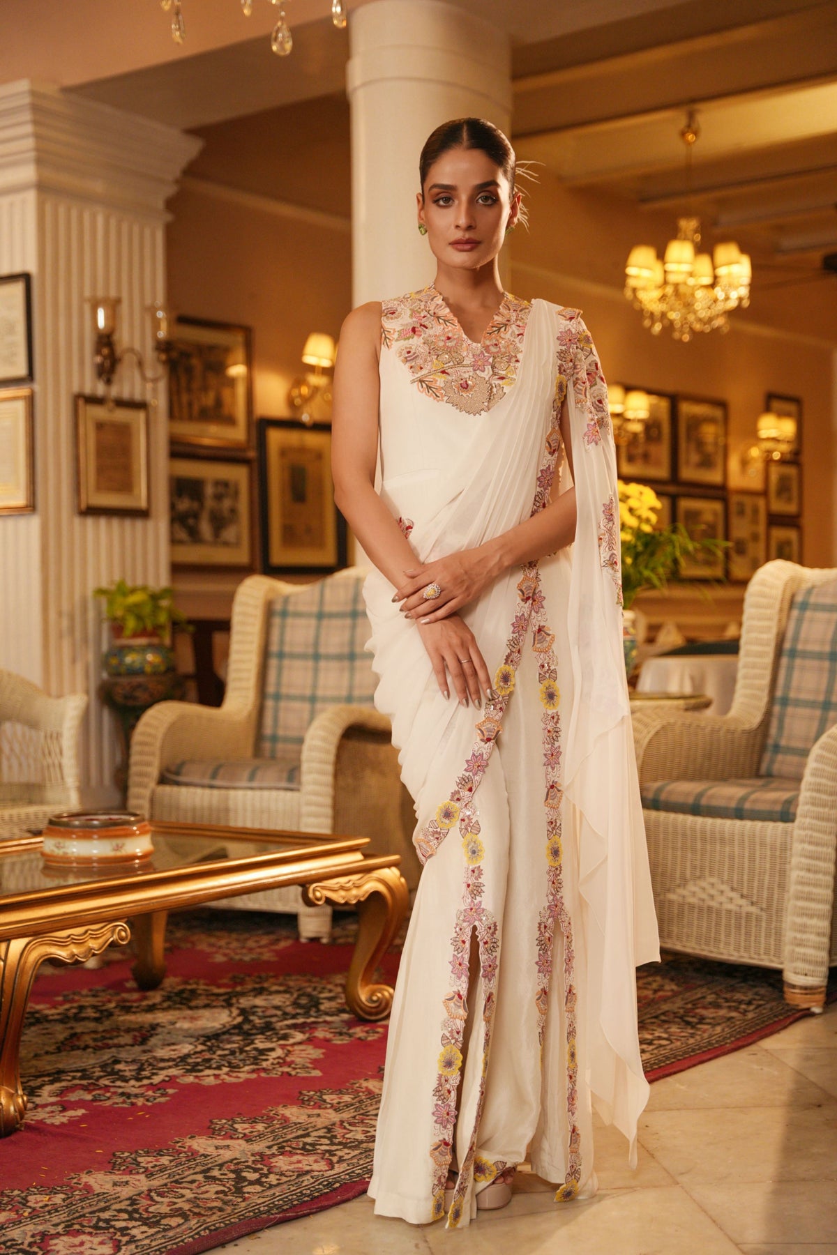 Hand Embroidered Jacket Drape Saree Set
