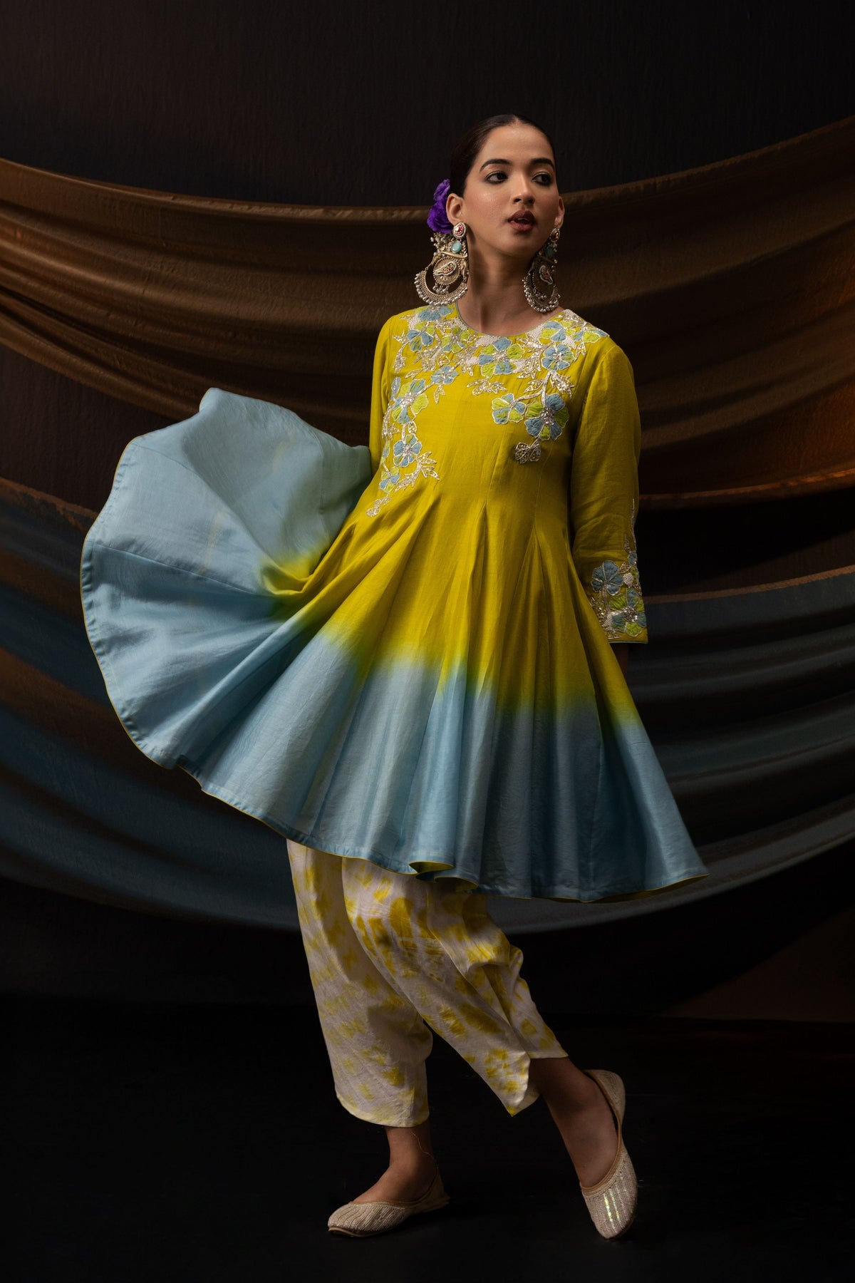 Green Blue Ombre Short Anarkali Set