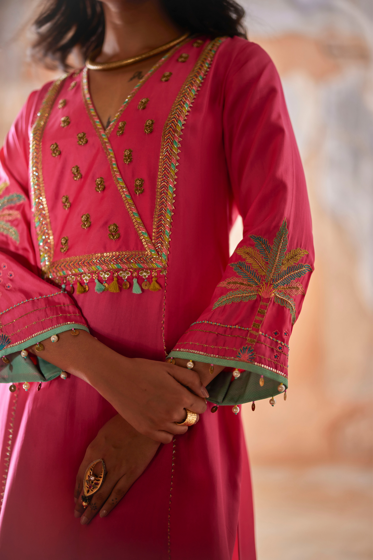 Nadira Hot Pink Silk Yoke Kurta Set