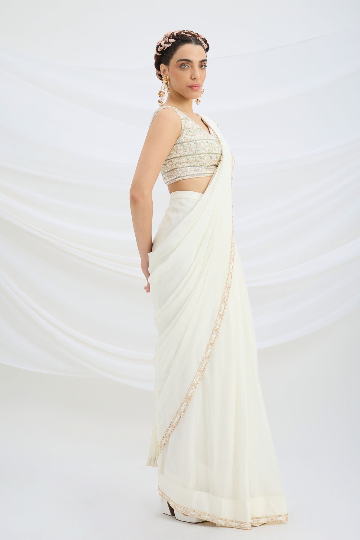 Off White Drape Saree Set