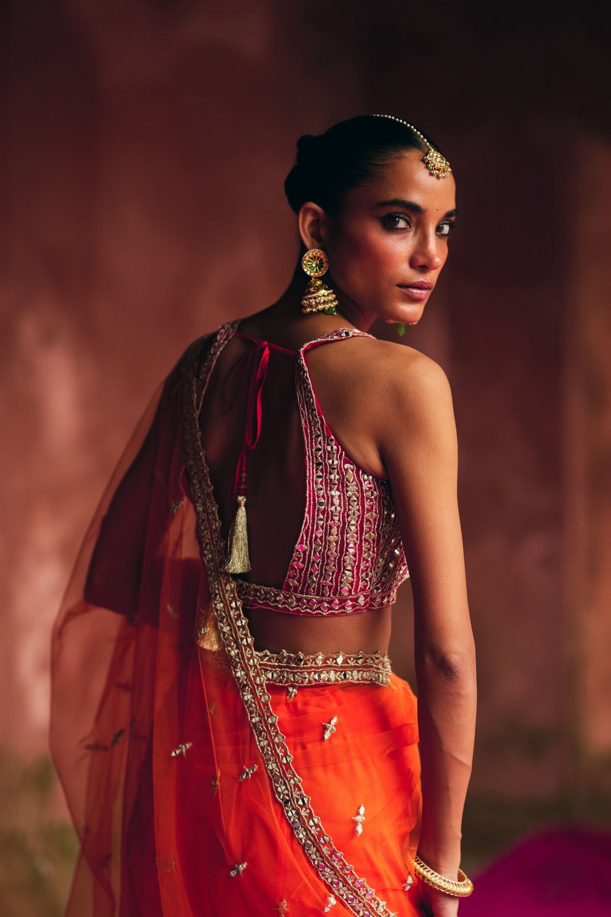 Orange Net Saree Set