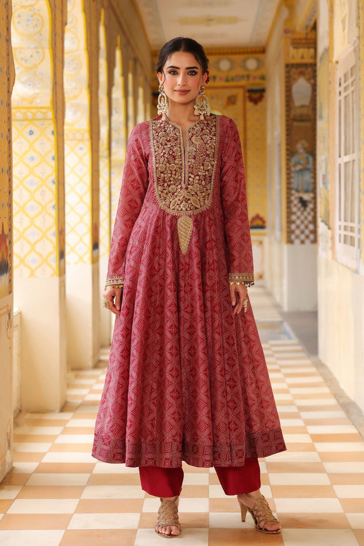Ahista Maroon Printed Kalidar Set